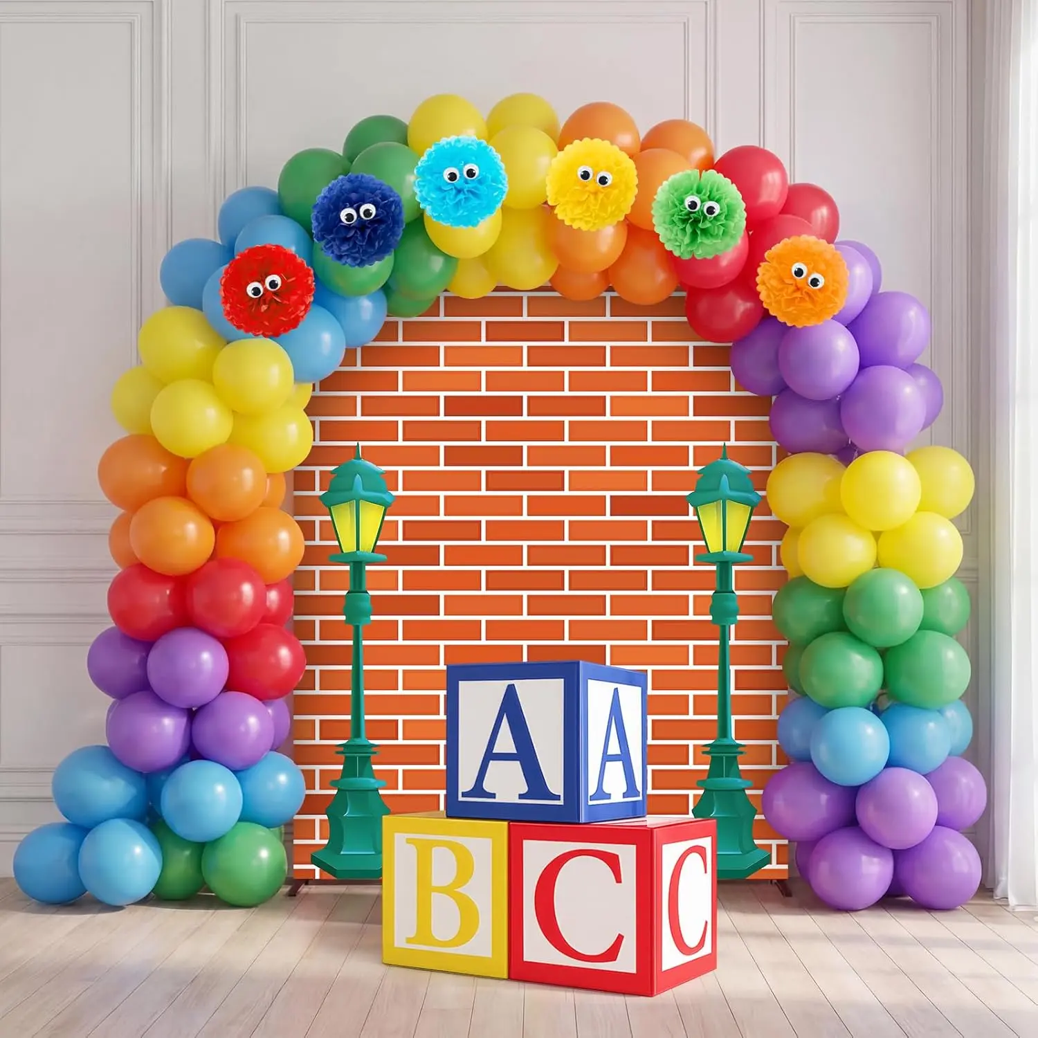 Hollowfly 53 Pcs Street Birthday Party Decorations Cartoon Theme Primary Color Party Supply Include Banner Backdrop Balloon Boxes Latex Balloon for Street Baby Shower Decor