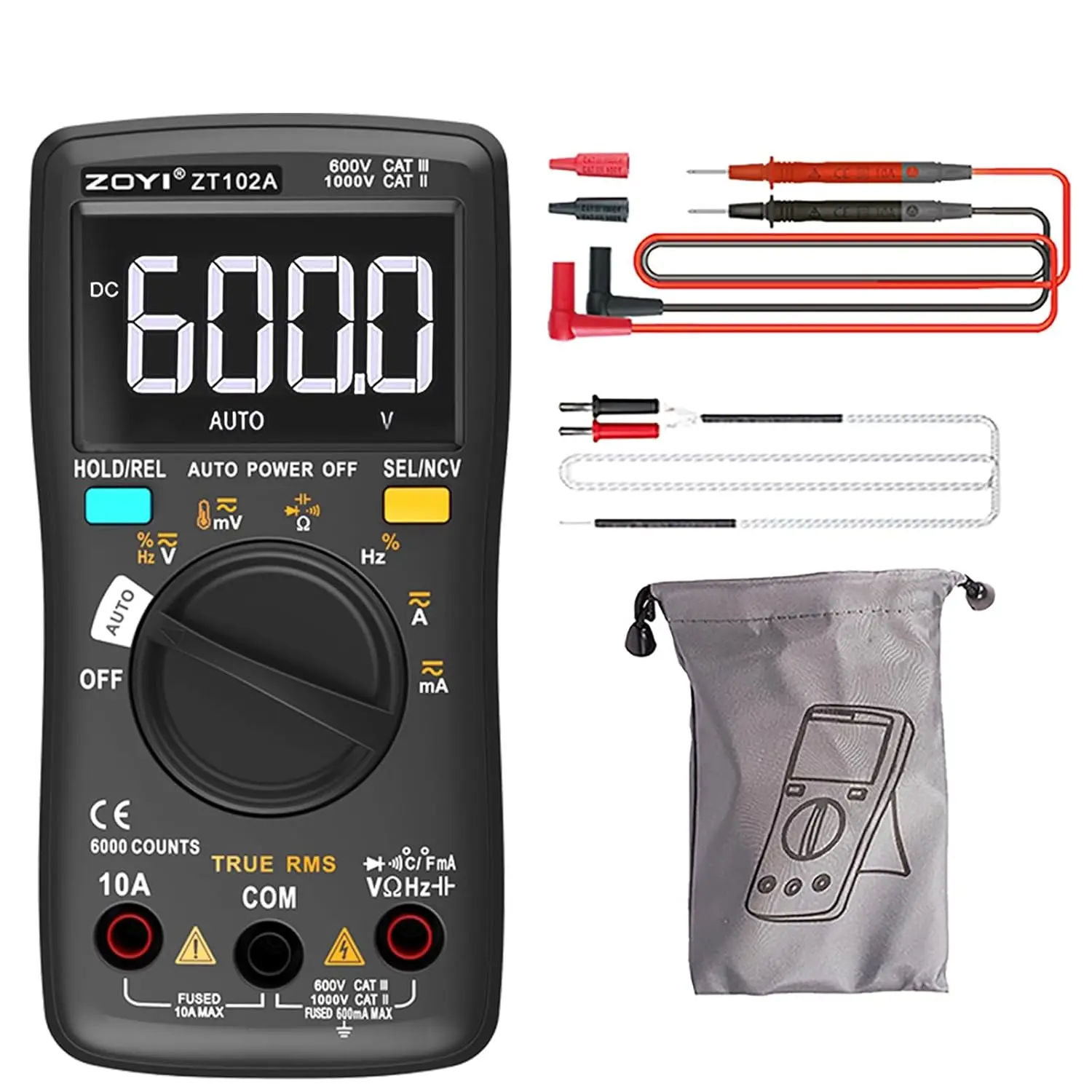 2026 ZOYI Digital Multimeter, True RMS Auto-Ranging 6000 Counts with NCV.750V AC, 1000V DC auto Identification, Data Hold, Resistance, Capacitance, Diode, Frequency and Temperature Measurement