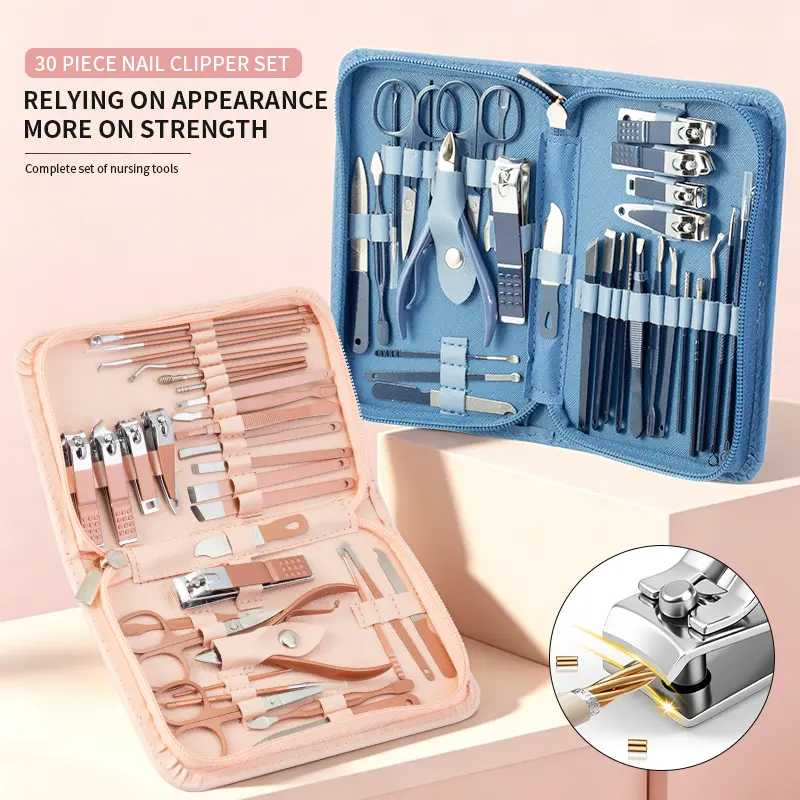 Premium 30-Piece Manicure & Pedicure Tool Set - Portable Storage Box Kit with Nail Clippers, Knives & Beauty Essentials for Travel, Home Use & Gifting