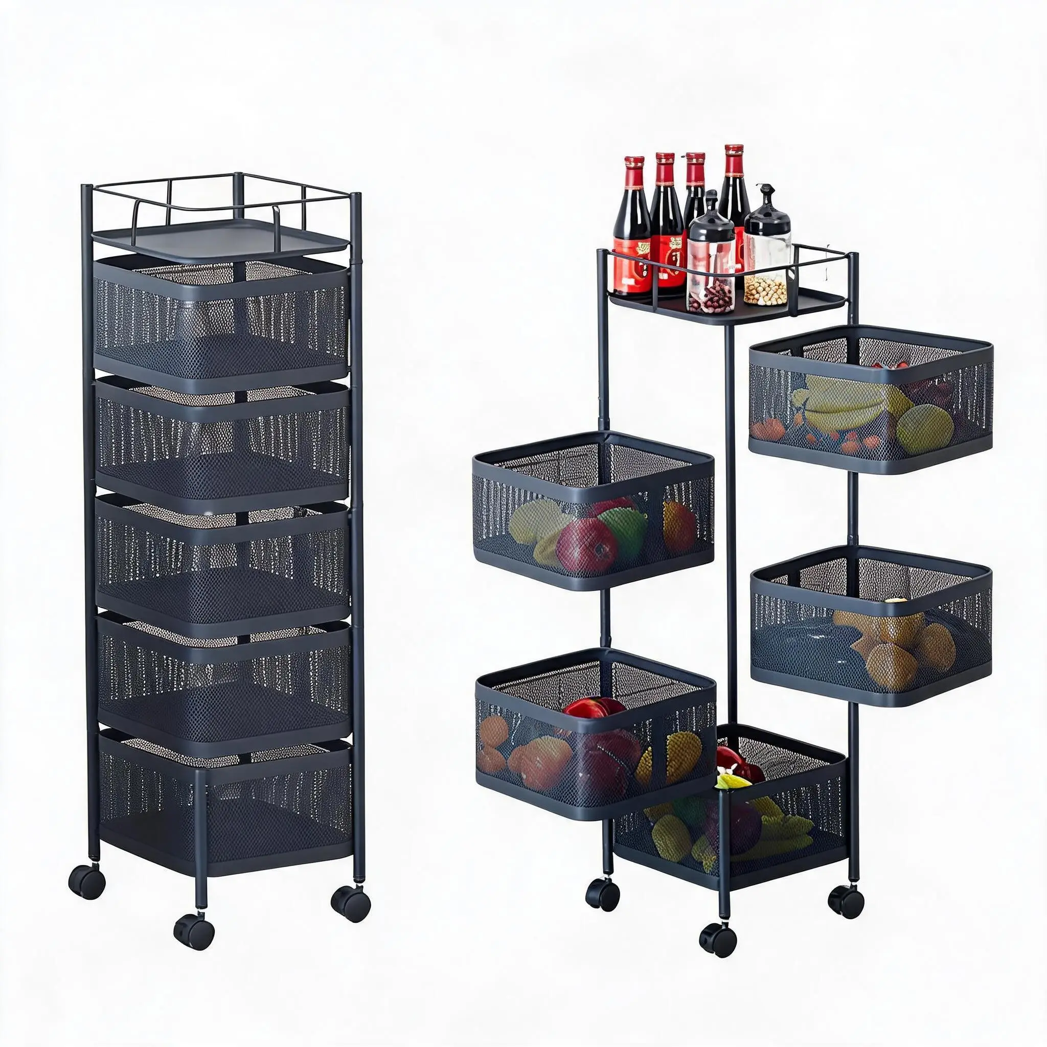 5-Tier Rotating Metal Kitchen Storage Trolley – Mesh Baskets, Lockable Wheels, Space-Saving Rolling Organizer for Fruits, Vegetables, Pantry, Bathroom, Laundry