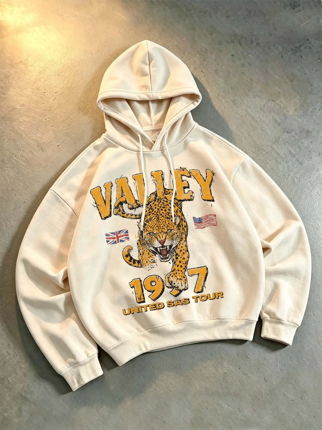 Retro 1997 leopard print sweatshirt, khaki loose drawstring pullover, soft animal print top, perfect for parties, travel, skateboarding, and everyday city street wear. #AnimalPrintSweatshirt #RetroStreetStyle