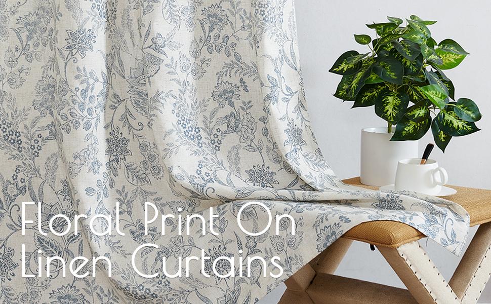 Curtains Farmhouse Blue Floral Print Curtains 63 Inches Long Back Tab Drapes for Living Room Bedroom Semi Sheer Patterned Vintage Curtains 2 Panels Set Rod Blue on Beige