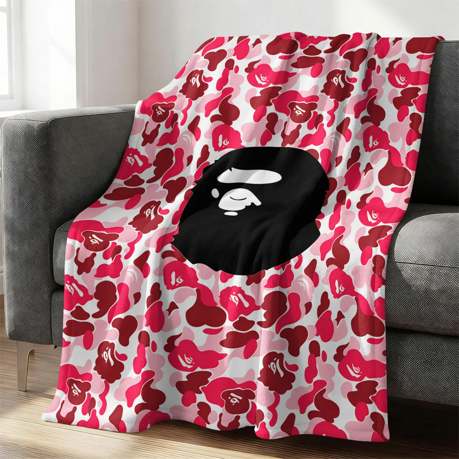Stylish Pink Color Block Abstract Camo Throw Blanket, Large Art Portrait Print Soft Flannel Cover, Trendy Unique Bedroom Decor Nap Blanket, Multi Purpose Warm Blanket For Dorm Sofa, Durable Easy Clean Fashion Decor Throw