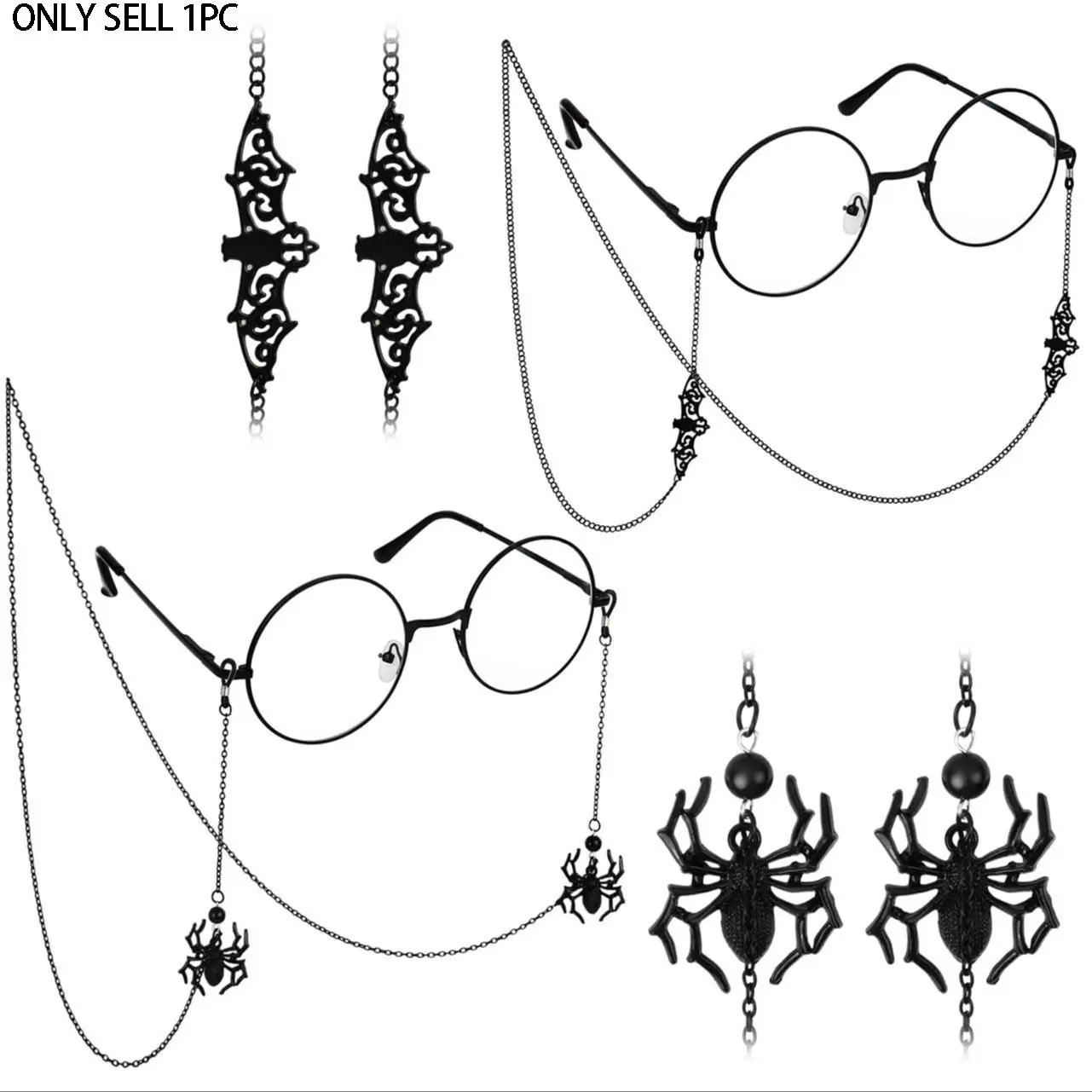 Gothic Bat Cat Spider Design Glass Chain Eyeglass Holder, Unique Glasses Necklace for Halloween Party, Outdoor Use & Travel, Gothic Pattern, Eyeglass Holders Around Neck