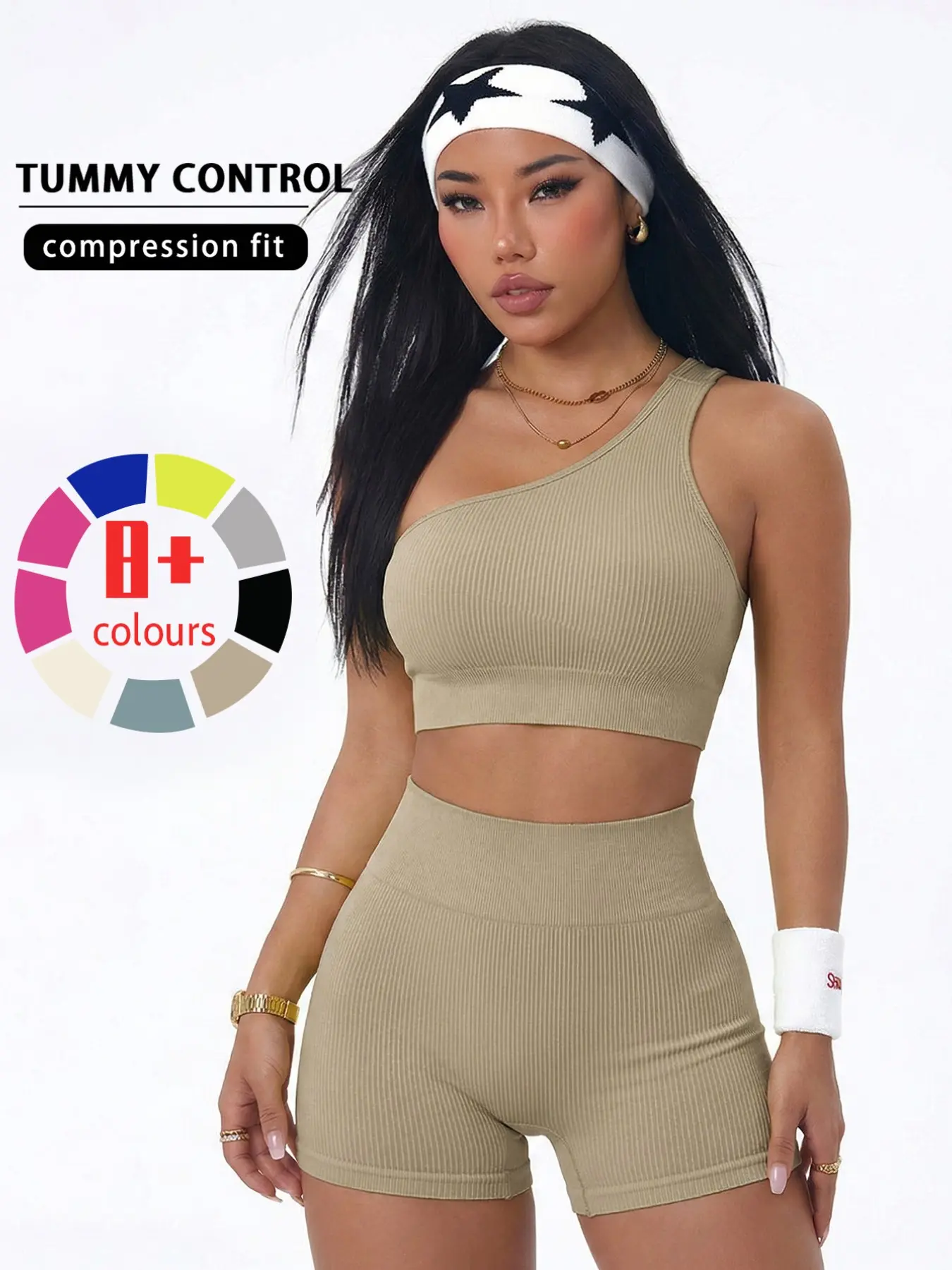 Seamless Asymmetrical Shoulder Yoga Set, Summer Solid Color Shockproof Back Bra, High Waist Tummy Control Peach Butt Workout, Compression Sportswear Set