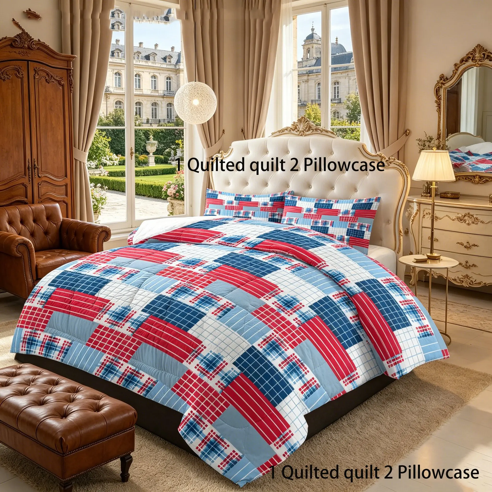 American retro red and blue contrasting checkered quilted quilt set, machine washable, 1 quilted quilt+2 pillowcases (excluding pillow core), suitable for all seasons in home and homestay bedding