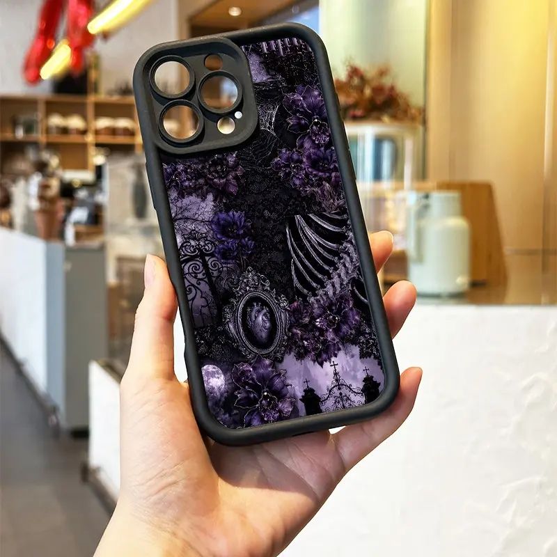Purple Gothic Floral Phone Case, Dark Skeleton Rib Cage Candle Web Vintage Aesthetic Style for iPhone 17 16 15 14 13 12 11 X Plus Pro Max, Shockproof Gift for Women