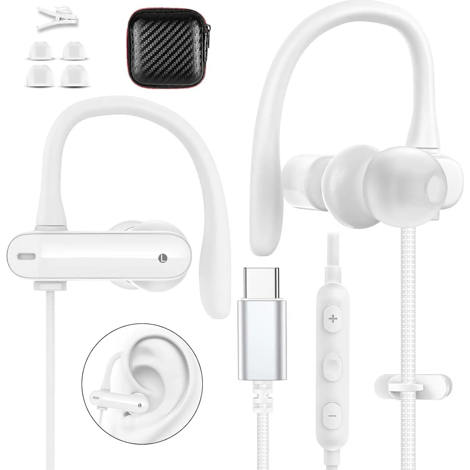 Wired USB Type C Earbuds Over Ear Cord USB C Headphones with Microphone Volume Control for  17 16 Pro 15/iPad 10th for Galaxy S26 S21 Pixel 10 Earphones School Student  C Plug Headset White