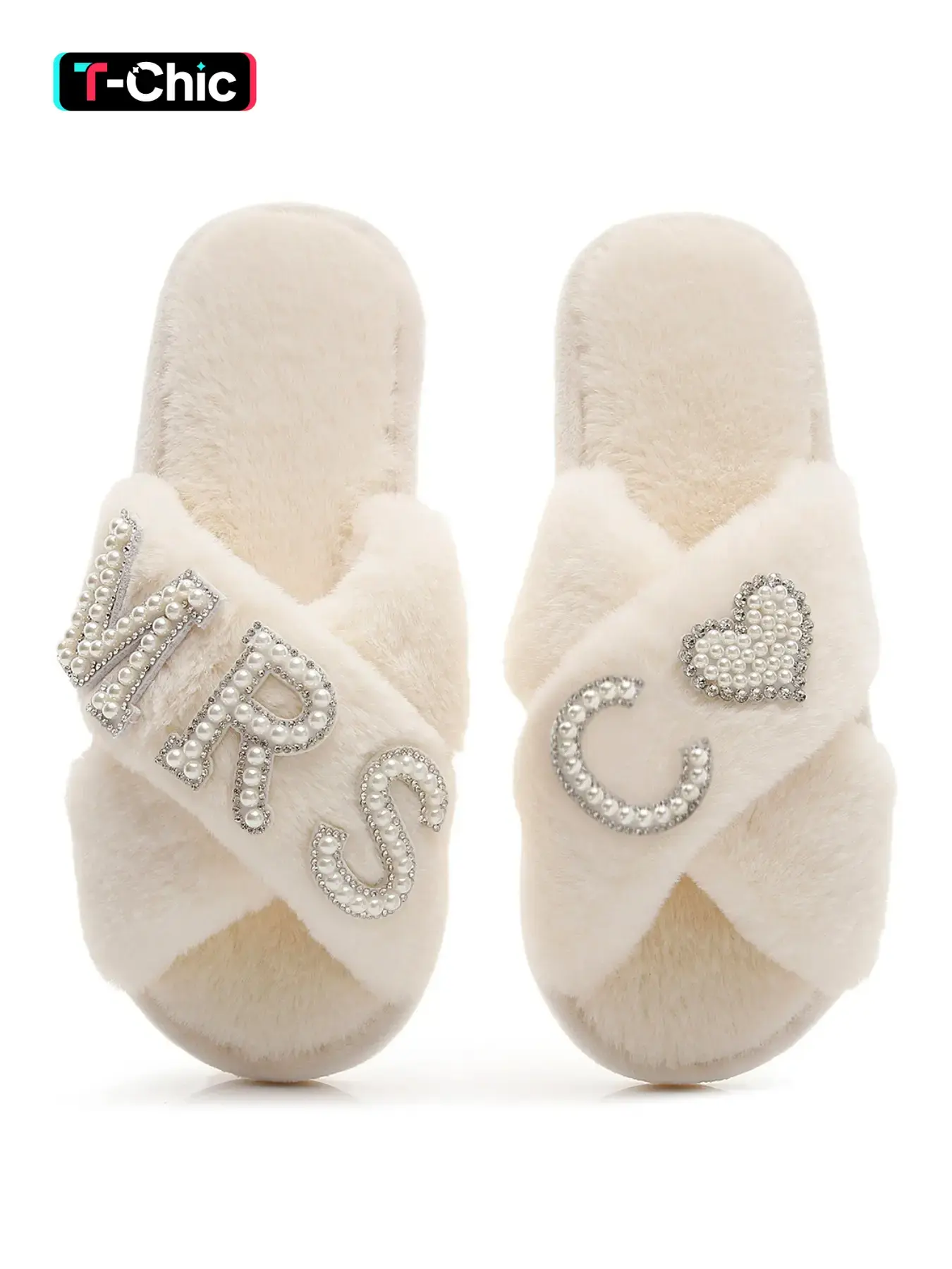 X-Strap Plush Soft Fluffy Footwear Home Slippers with Pearl Rhinestone Heart Design, Bridal Slippers, Customizable C Initial, Perfect Gift for Wedding and Holidays