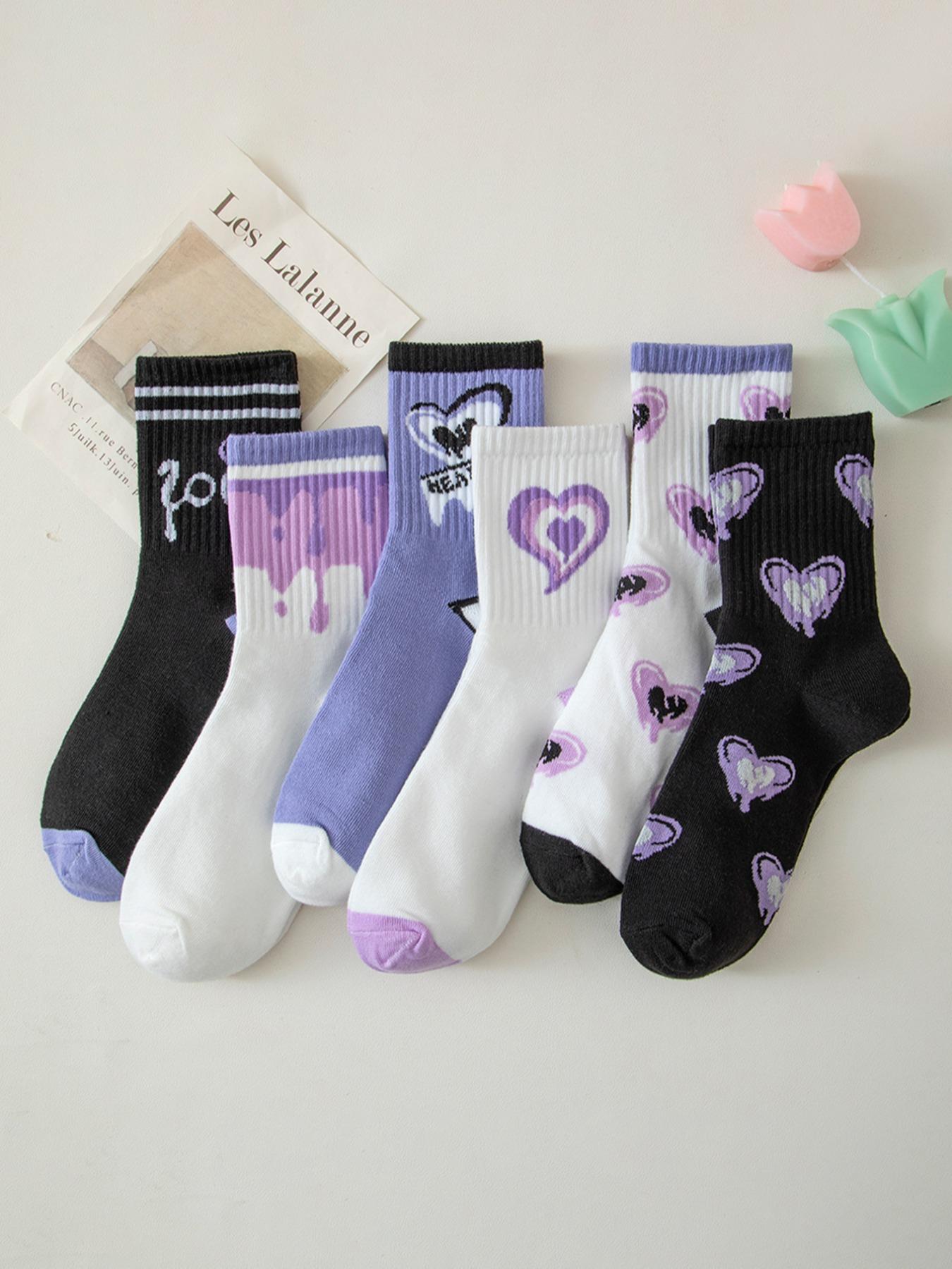 Women's 7 Pairs Heart & Letter Print Crew Socks, Casual Stylish Socks, Soft Comfy Socks, Preppy Casual Soft Comfortable Breathable Striped Print Mid-calf Socks for Daily Wear, Multipack Knit Socks for All Seasons, Sock Set
