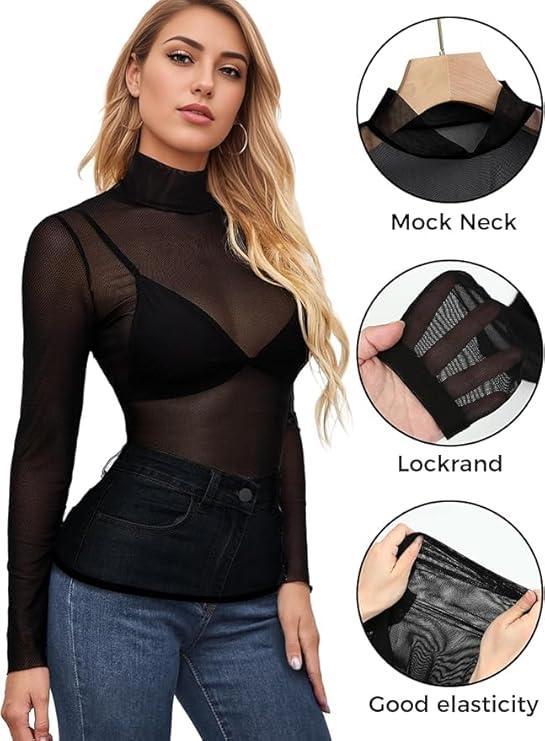 Women's Mesh Tops Long Sleeve Sheer Blouse, Fishnet Tops Plus Size, High Neck Clubwear Shirt