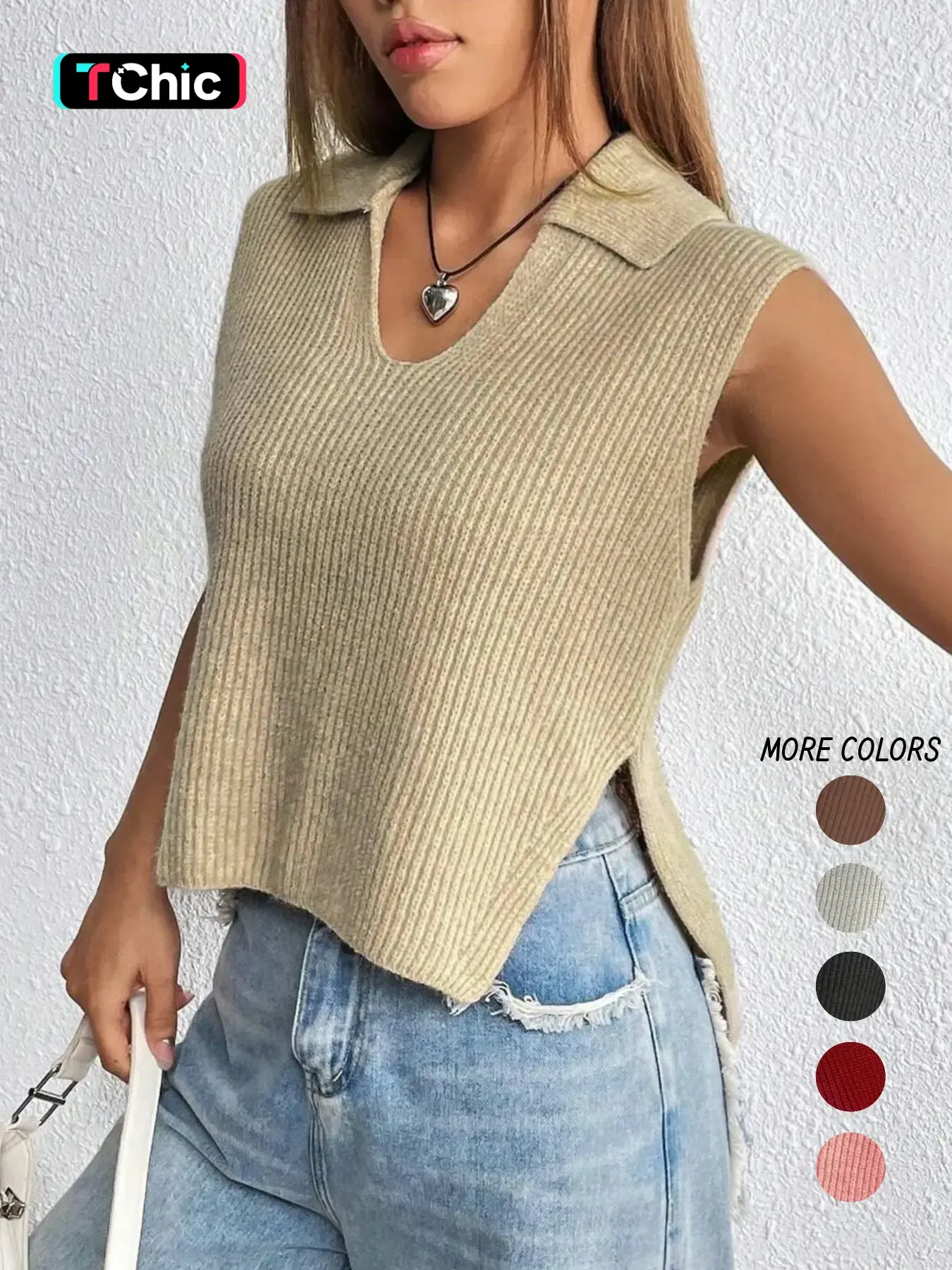 Women's Plain Split Hem Sweater Vest, Casual Fitted Solid Collar Sleeveless Knitwear Top for Summer, Fashion Ladies' Collared Knit Clothing for Everyday Wear, Minimalist Basic Womenswear, Sleeveless Vests, Casual Comfy Vest