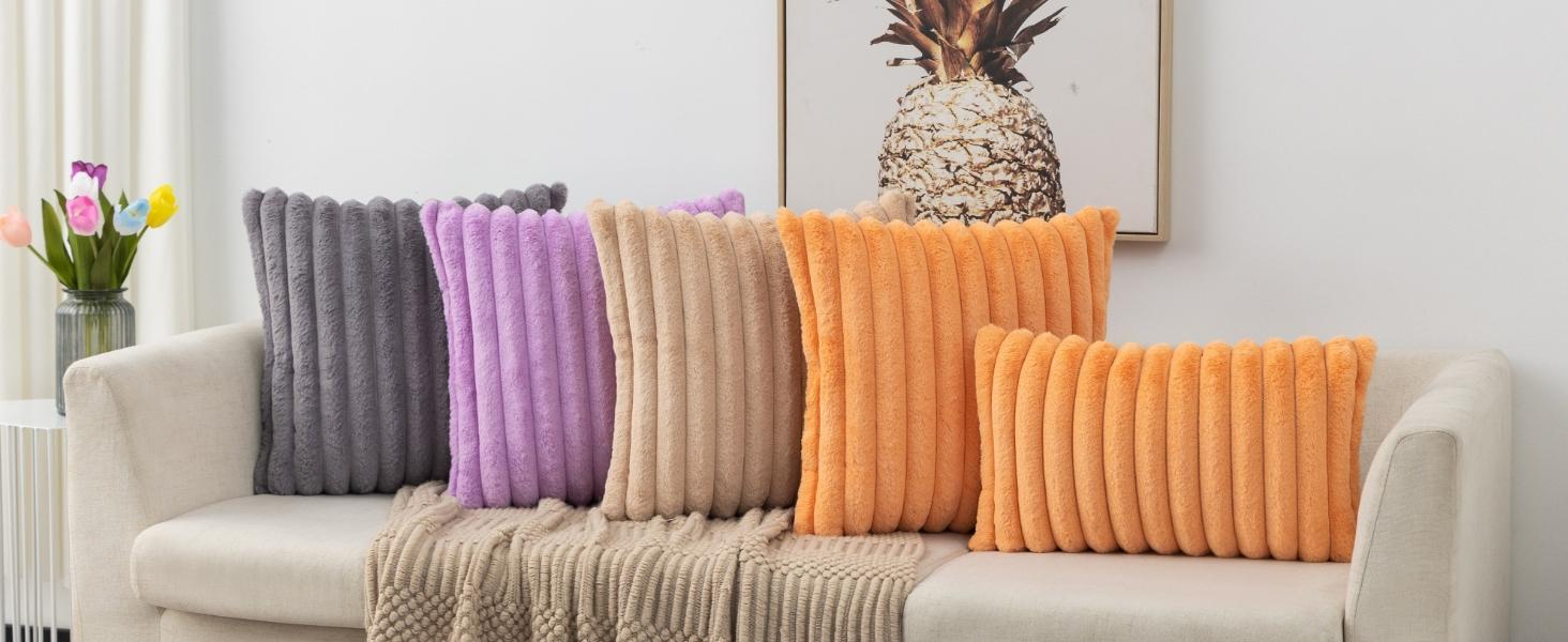 Set of 2 Dark Grey Faux Fur Decorative Throw Pillow Covers Striped Pillowcase Cushion Covers 18 x 18 Inch Sofa Couch Bedroom