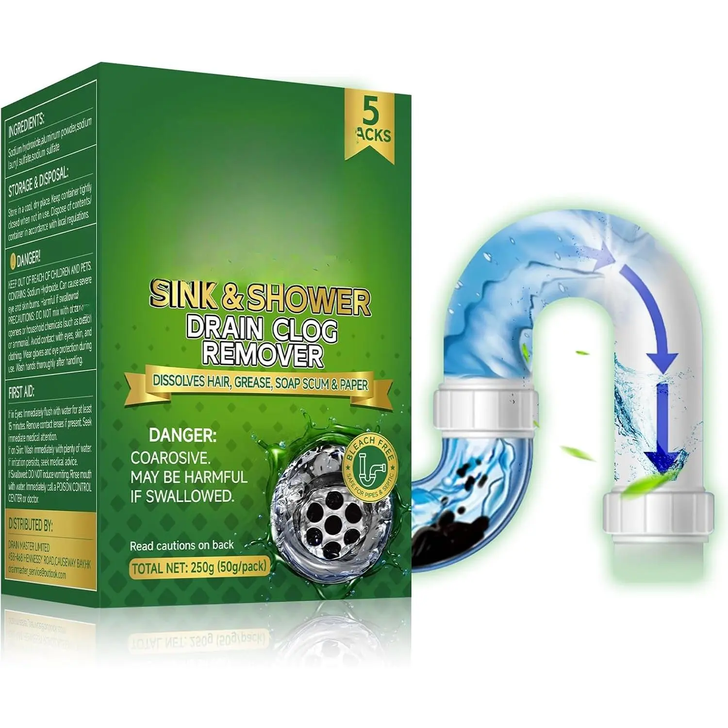 Cleaner Hair Clog Remover,  Opener Deodorizer for Sink & Shower | 5 Pre-measured Packets, Dissolve Hair,  & Soap Scum, Septic Safe,  Unclogger for Kitchen, Bathroom tub &  Pipes