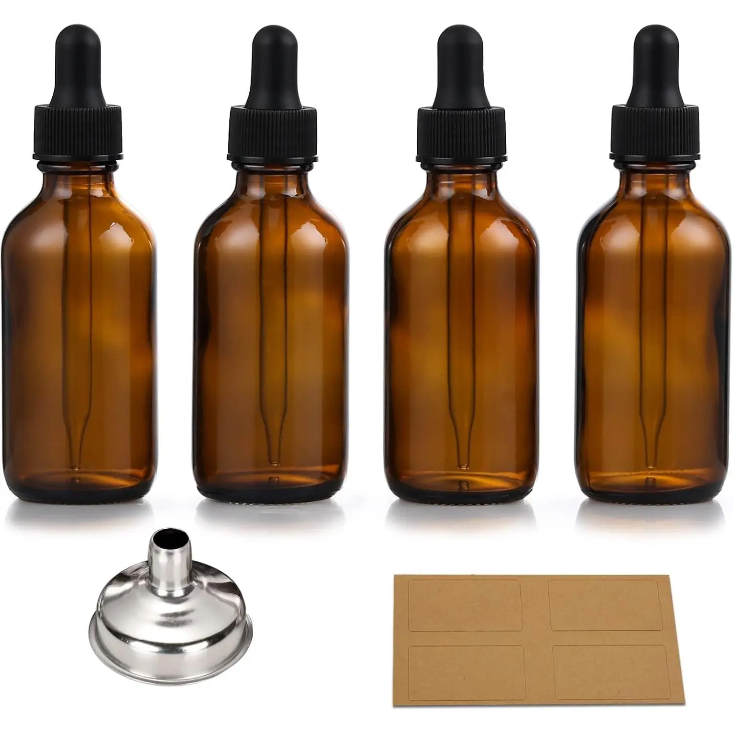 4 Pack 1 oz Thick Dark Amber Glass Dropper Bottles with Funnel & 4 Labels - 30ml Tincture Bottles with Eye Dropper - Leakproof Essential Oil Bottles for Beauty or Health Storage and TravelGift
