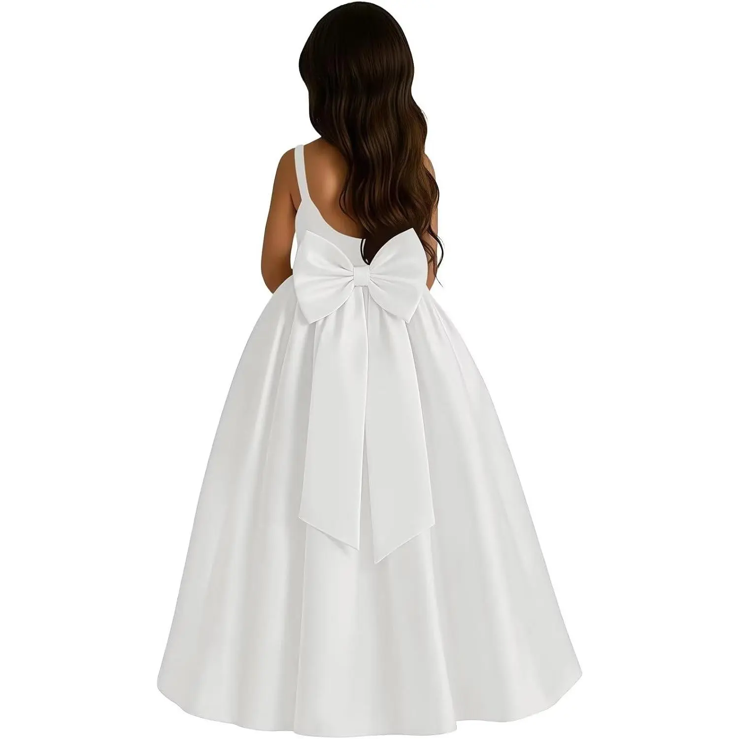 Elegant Satin Sleeveless A-Line Flower Girl Dress with Big Bow, Formal Ball Gown for Wedding Communion Party(Gift)