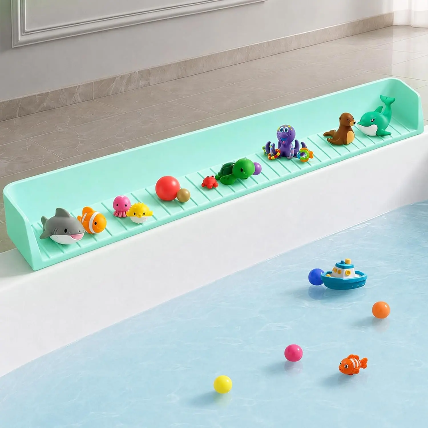 Bathtub Splash Guard for tub Kids& Bath Shelf for Kids – Toddler Bath Tray, Bath Toys Storage & Ledge Organizer – Splash Guard for Bathtub with Suction Cups – Kids Bathroom Accessories(2.6FT, Green)