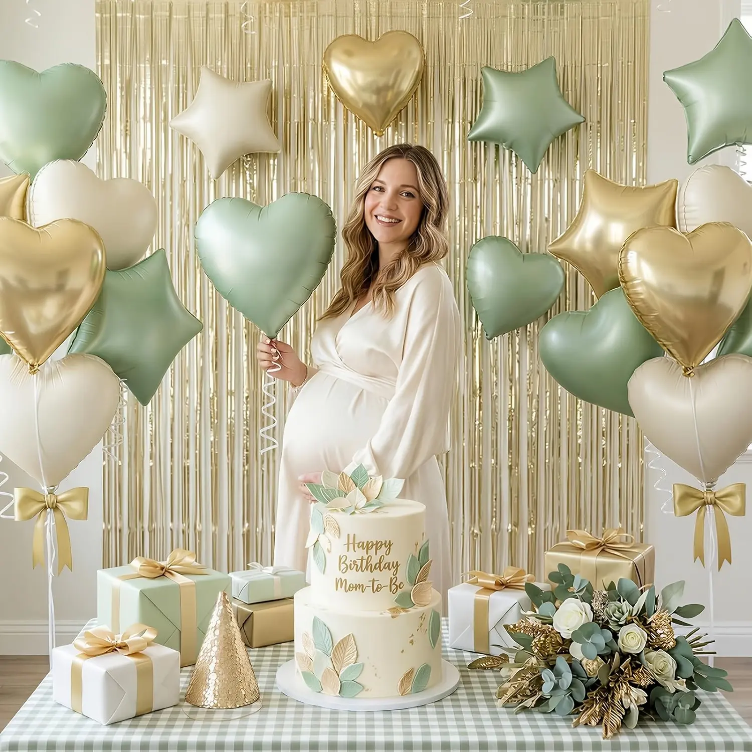 Golden green love balloons, 12 sage green golden star balloons (45.72 cm), suitable for baby parties for boys and girls, birthdays, bridal showers, wedding anniversaries