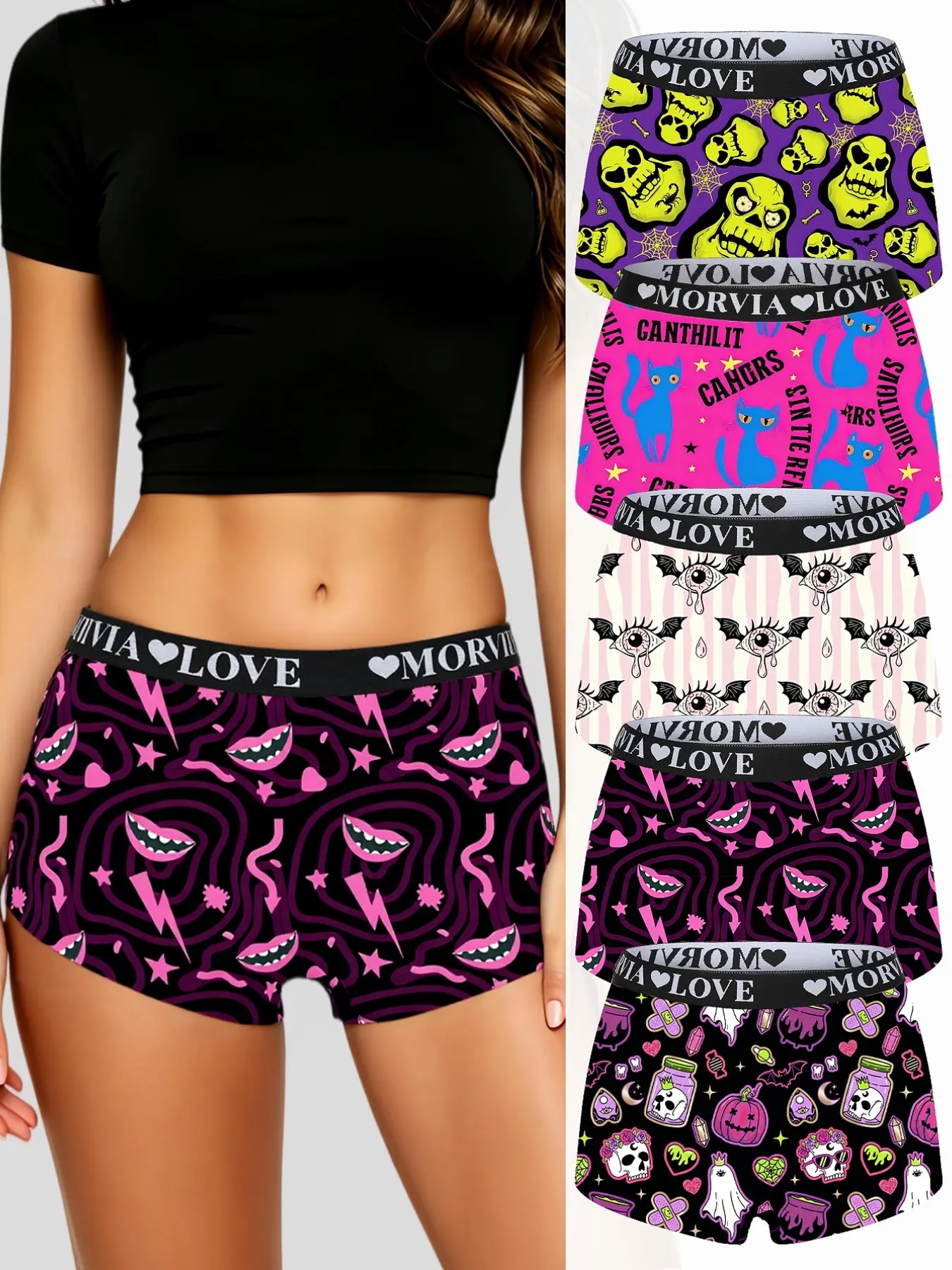 5-Pack Gothic Horror Print Women Boxer Briefs, Cartoon Printed Underwear, High Stretch Soft Boyshort Underwear with Skull, Blue Cat, Bat Eye, Vampire Mouth & Pumpkin Ghost Halloween Pattern
