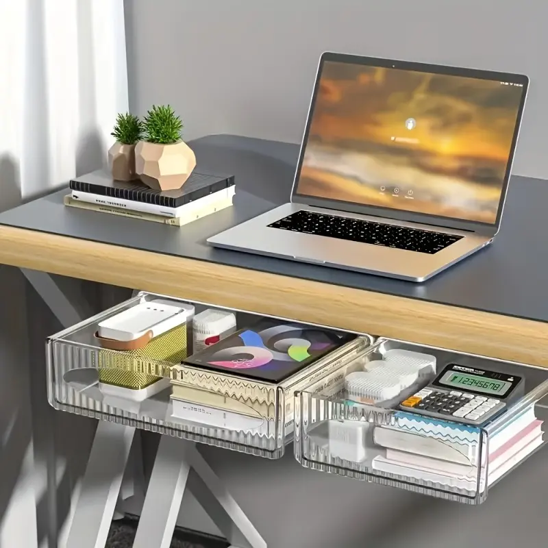 1/2 under desk drawer storage box, sliding, hidden self-adhesive under desk drawer organizer, transparent acrylic under desk locker, suitable for home office workspace arrangement