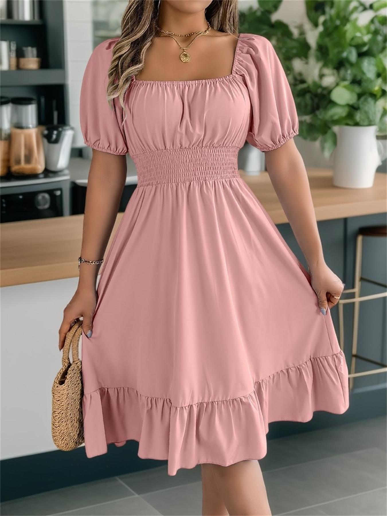 Women's Plain Ruffle Hem Shirred A Line Dress, Casual Fashion Dress, Casual Puff Sleeve Square Neck Knee Length Dress for Summer, Women's Clothing for Daily Wear