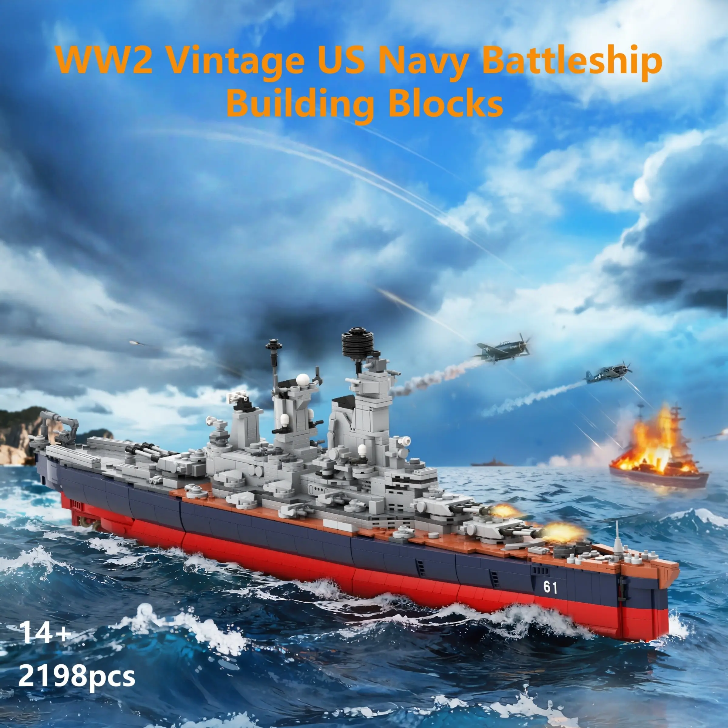 2198 Pieces Wwii Us Battleship Building Blocks, Classic Naval Warship Model, Collectible Display Piece, Ideal Gift for Military Enthusiasts, Age 14+