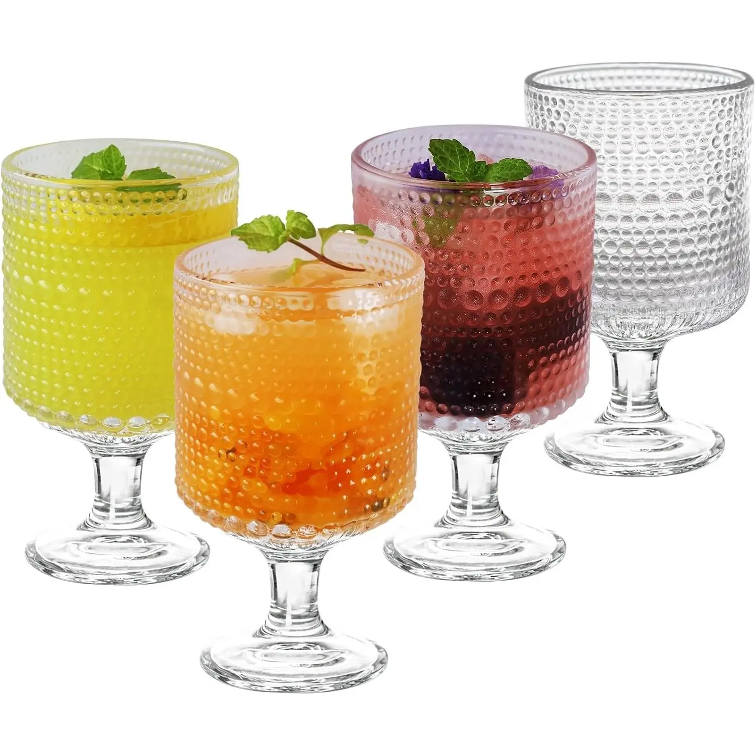 Vintage Goblet Glasses Set of 4, Cocktail Glasses Drinking Goblets Glassware for Whiskey, Beer, Water, Juice (Hobnail)