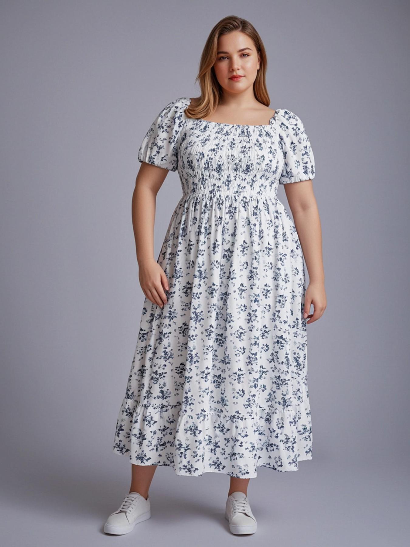 【Plus Size】 Frenchy Style Ditsy Floral Print Puff Sleeve A Line Maxi Dress, Square Neck Shirred Dress, Dresses for Women, Women's Clothes for Summer, Casual Wear