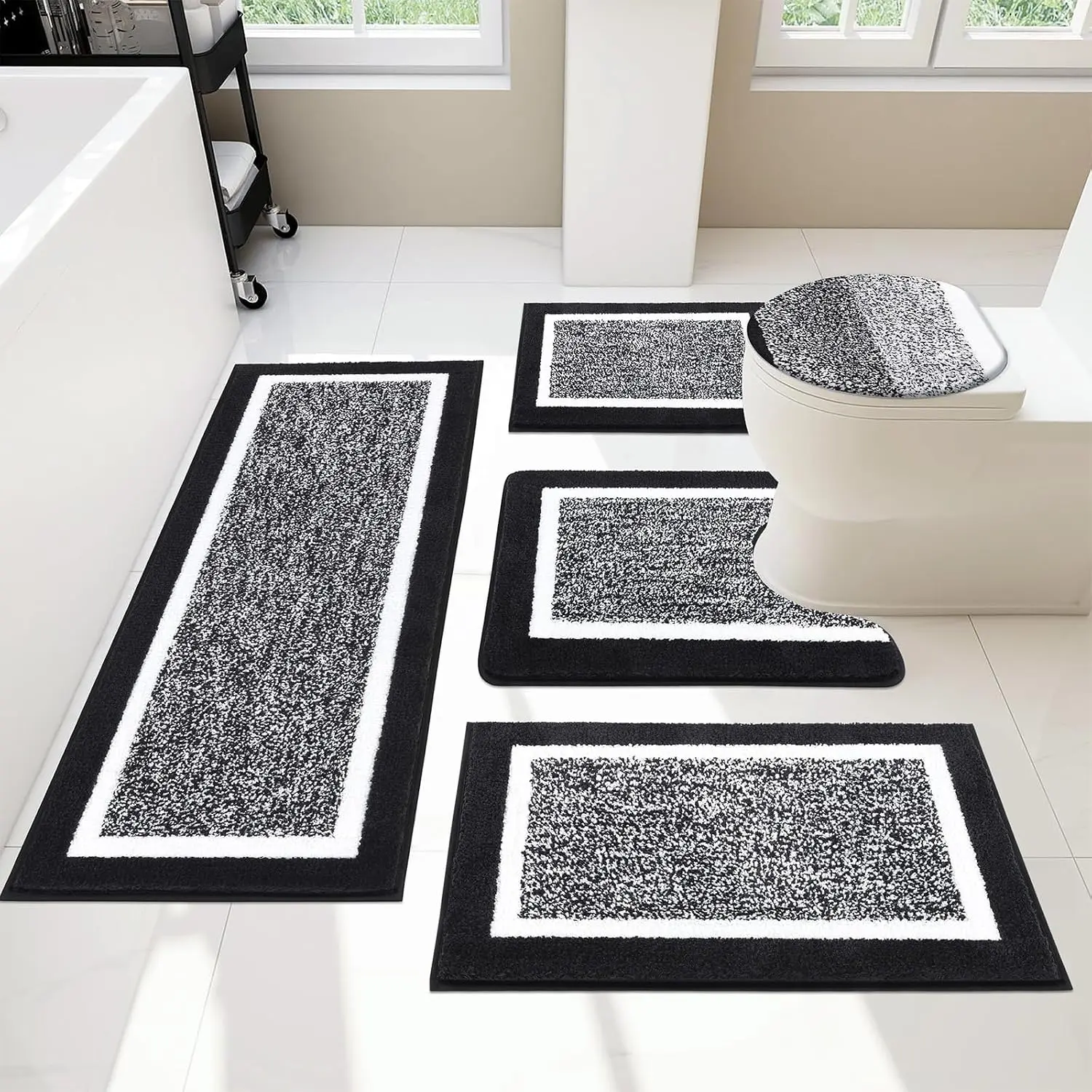 Bathroom Rugs Set 5 Piece, Plush Absorbent Microfiber Bath Mats for Bathroom, Non Slip Washable Bath Rug Set with U Shaped Contour Toilet Rugs, Shower Rug and Toilet Lid Cover, Black