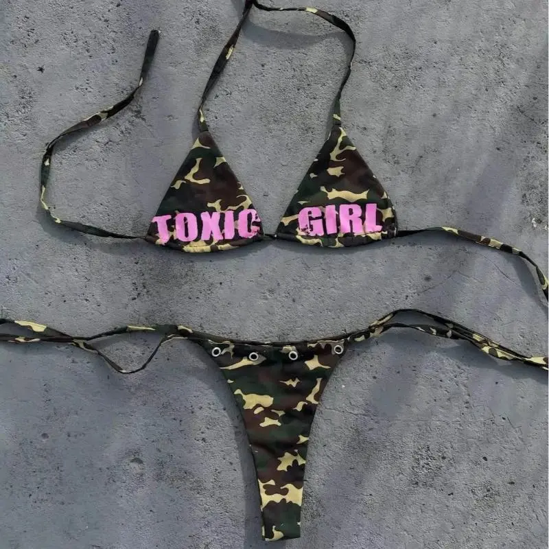 Women's Triangle Bikini Set Camouflage Print Sexy Y2K Micro Bikini Swimwear Summer Beach Vacation Party Bathing Suit For FemaleBeach photography