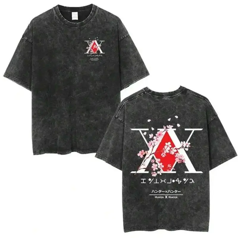 Hunter X Hunter Graphic T-Shirt, Unisex Vintage Washed Oversized Short-Sleeve Top with Double-Sided Anime Print, Retro Japanese Streetwear, Tshirt, Shortsleeve, Casual