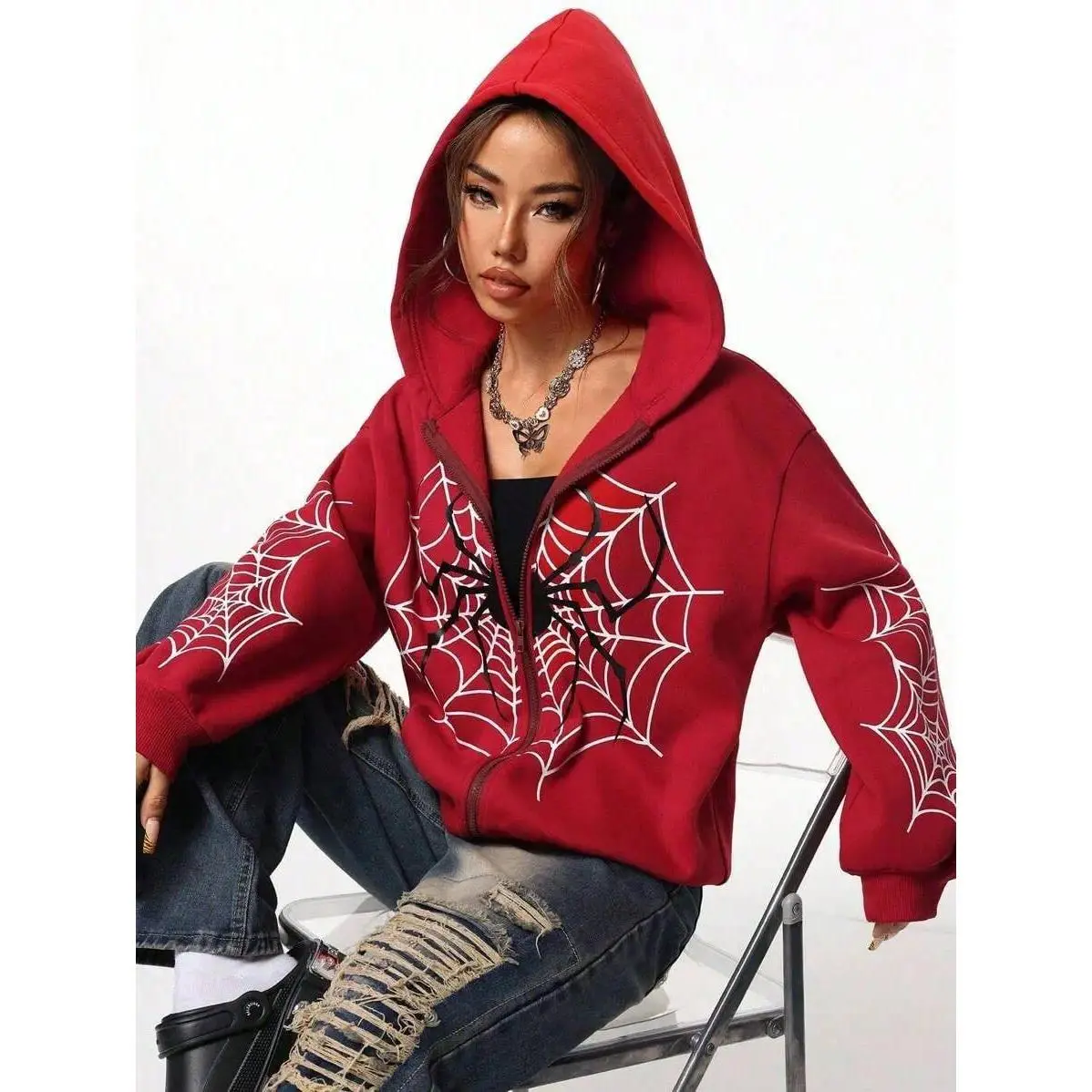 2026 Y2K Spider Web Print Unisex Zip Up Hoodie | Oversized Loose Fit For Men & Women, All Seasons