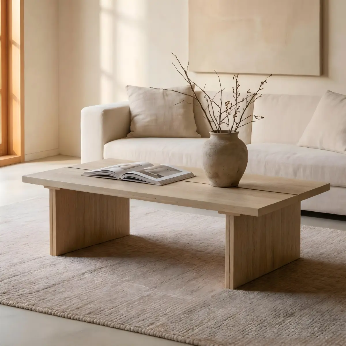 [Fahuac] Beige Faux Travertine Coffee Table, Split-Top Rectangular Center Table with Slab Legs, 43" Stone Look Cocktail Table for Modern Living Room.