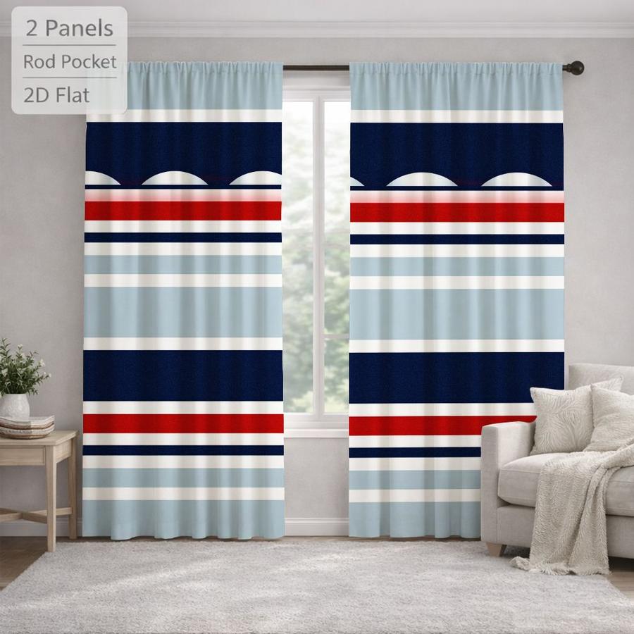 2Pcs Modern Striped Nautical Pattern Sun Blocking Curtains Digital Printed Rod Pocket, Window Treatment For Bedroom Office Kitchen Living Room Study Home Decor
