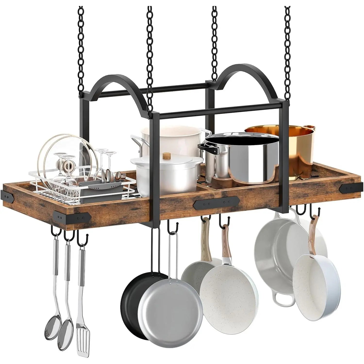 Pot Rack, 32-Inch Pot Hanger for Kitchen,  Pan Rack with 10 Detachable S Hooks, Sturdy Metal , for Pot, Pan Storage, Space-Saving, Rustic Brown and Black BF80TL01