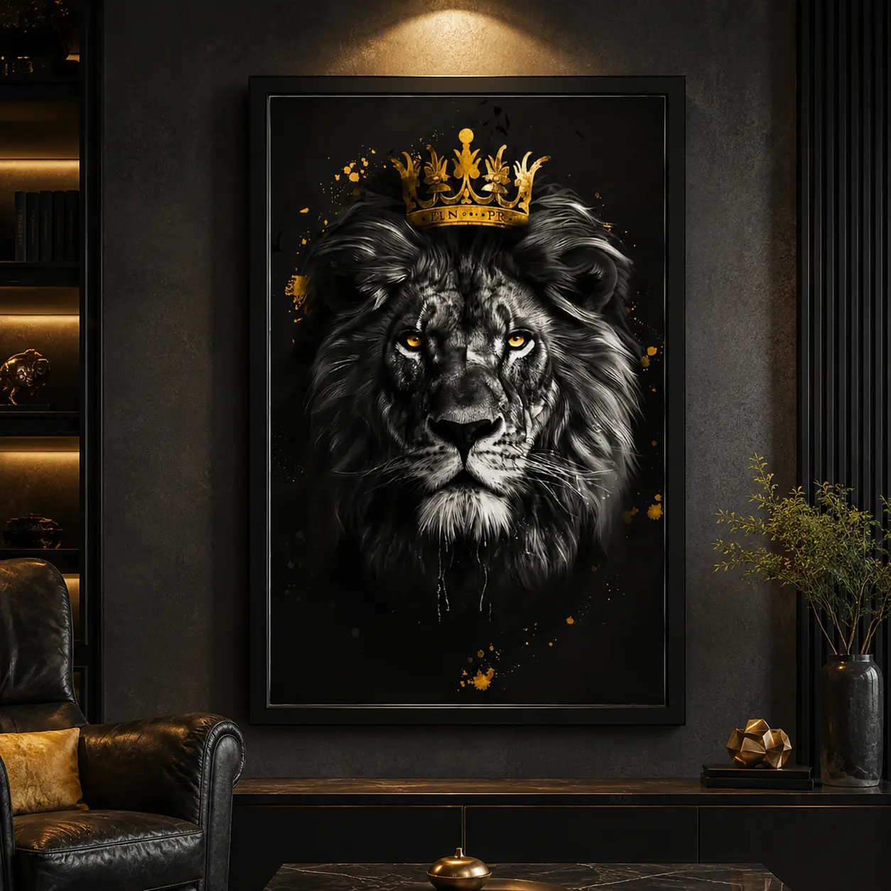 Lion with Golden Crown Canvas Wall Art, Majestic Lion Portrait Poster, Abstract Animal Artwork for Living Room Bedroom Office Man Cave, Modern Home Decor, Gift for Men, Wildlife King Wall Decor