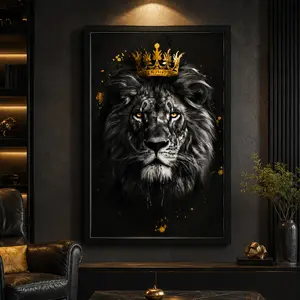 Lion with Golden Crown Canvas Wall Art, Majestic Lion Portrait Poster, Abstract Animal Artwork for Living Room Bedroom Office Man Cave, Modern Home Decor, Gift for Men, Wildlife King Wall Decor