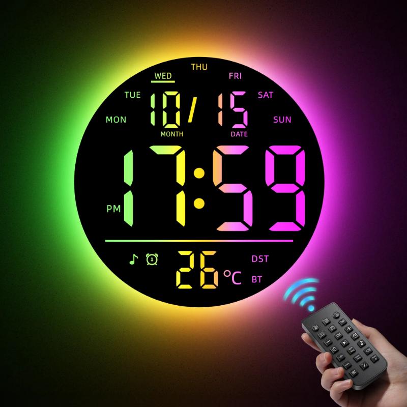 EASYERA 10" Large Circle Digital Wall Clock with Remote Control, Music-Sync, Round clock with RGB Atmosphere Lights with 11 Scenes Mode, Dual Alarms, Timer Clock for ADHD, Focus Tool, Classroom, Game Decor Goods Auto Dst Adjustment.