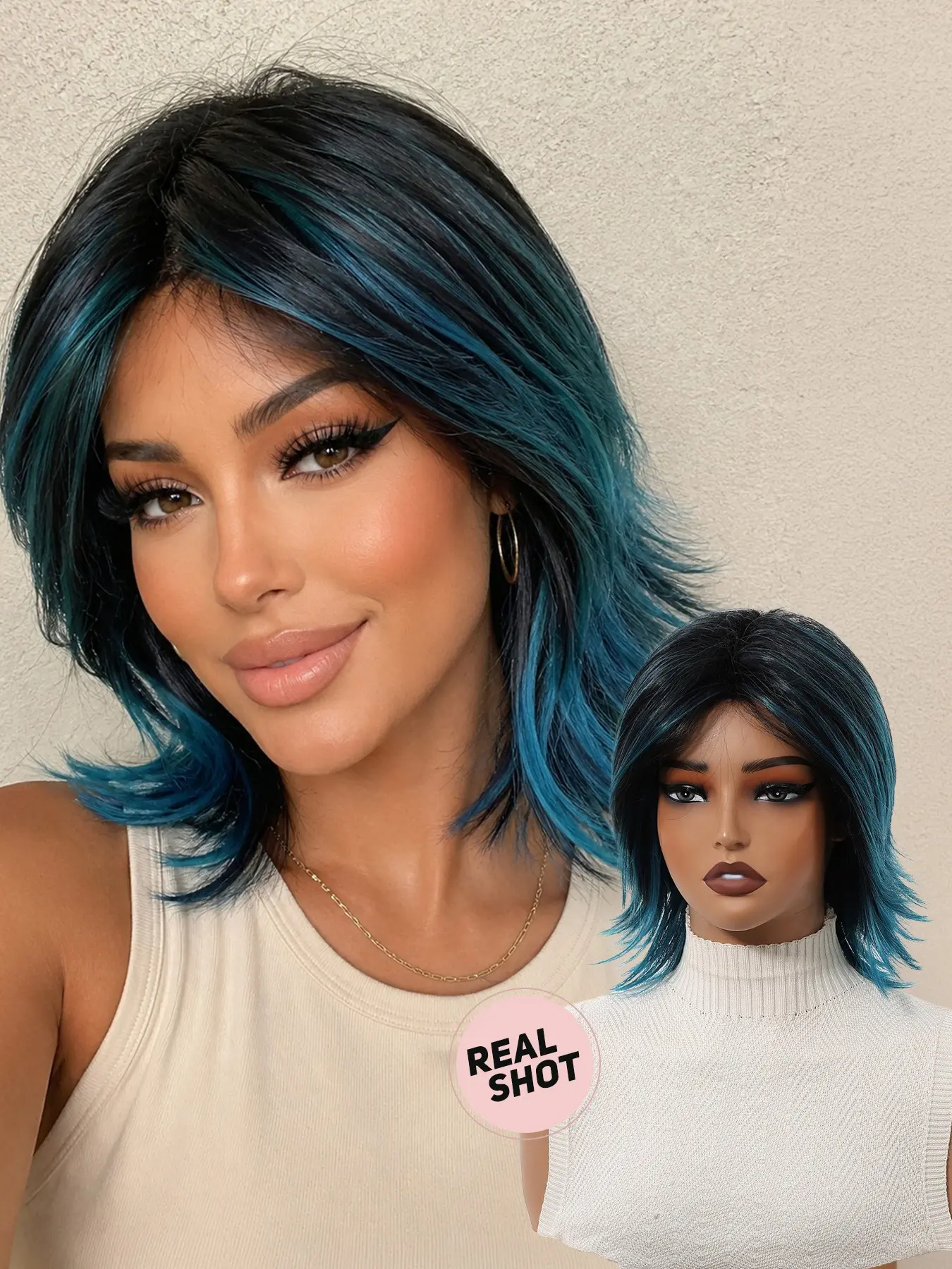 12-Inch Blue Gradient Wolf Tail Short Wig, Voluminous Top Layer, Hot Selling for Cosplay and Music Festivals