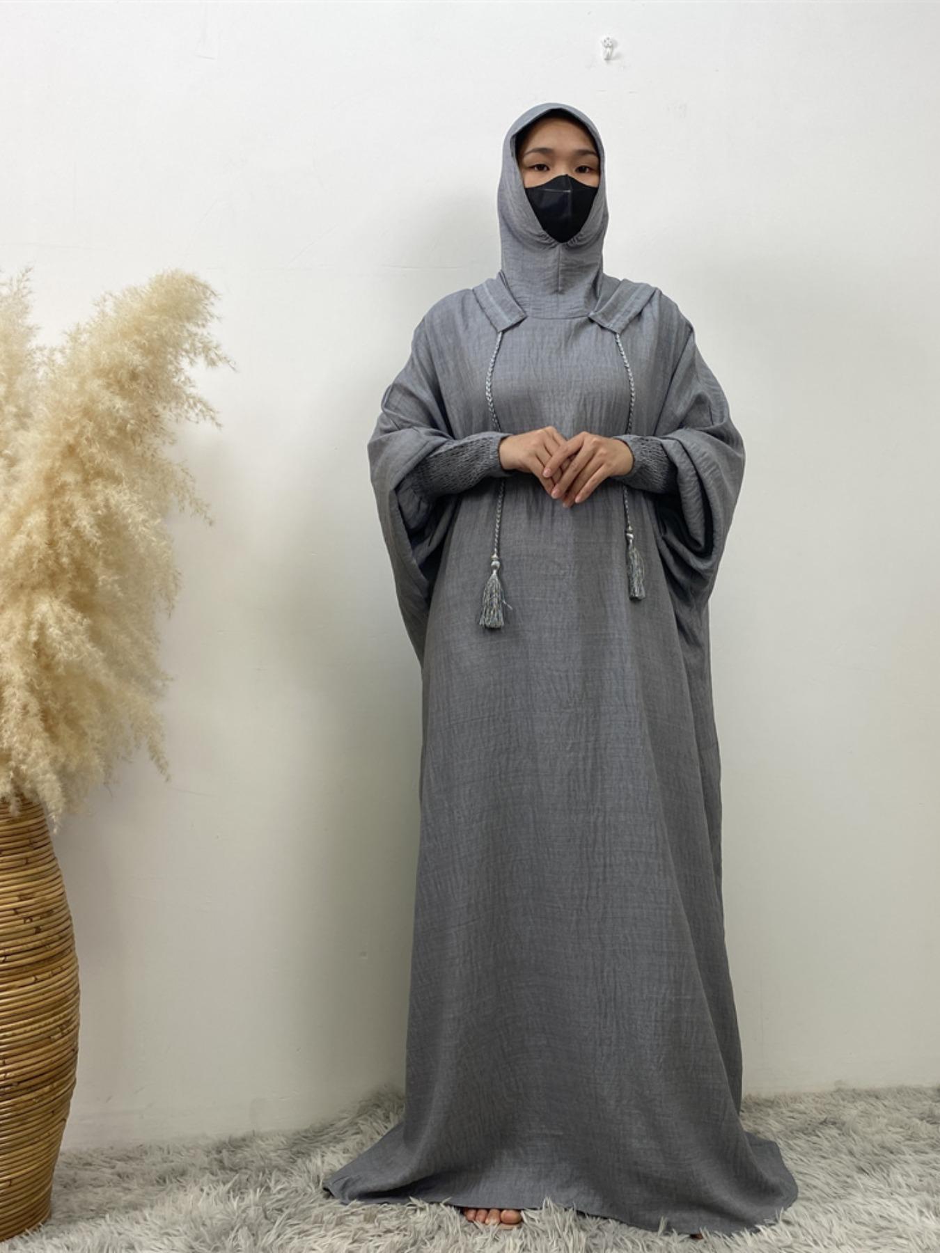 Women's Solid Color Batwing Sleeve Drawstring Hooded Dress, Casual Long Sleeve Shirred Cuff Long Dress for Spring & Fall, Women's Islamic Clothing for Daily Wear, Hooded Arabian Dress