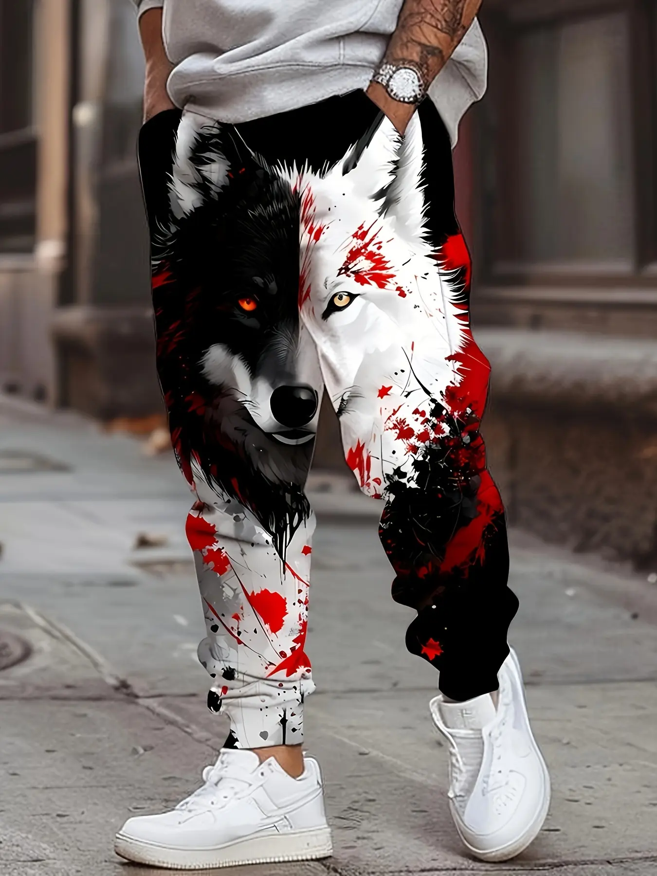 Fashion Design Men'S 3D Black And White Wolf Pattern Print Athletic Pants With Drawstring And Pockets, Trendy Long Trousers
