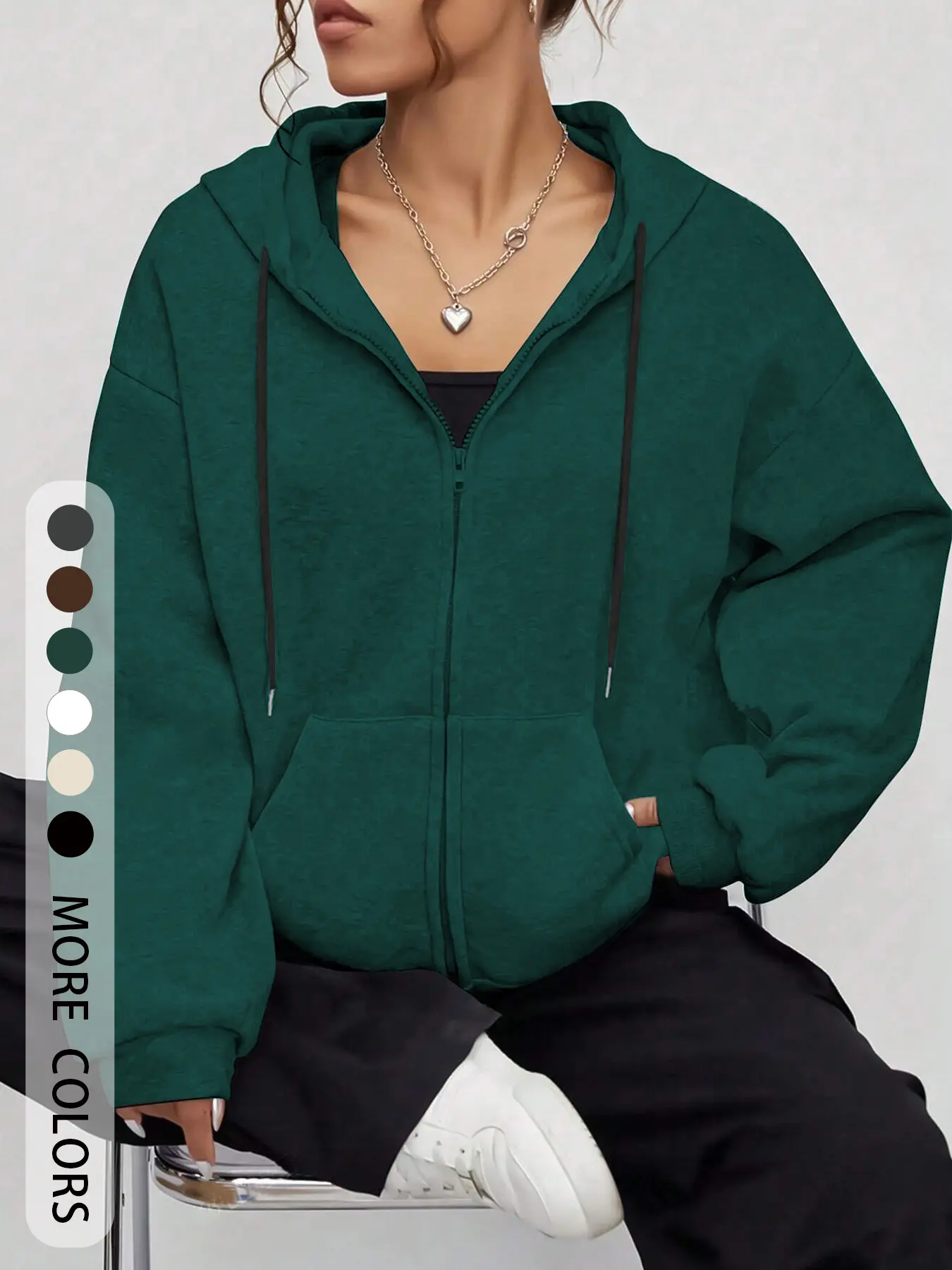 Women's Solid Color Drawstring Zipper Cardigan, Pocket Design, Casual Loose-Fitting Long Sleeve Sweatshirt for Fall & Winter