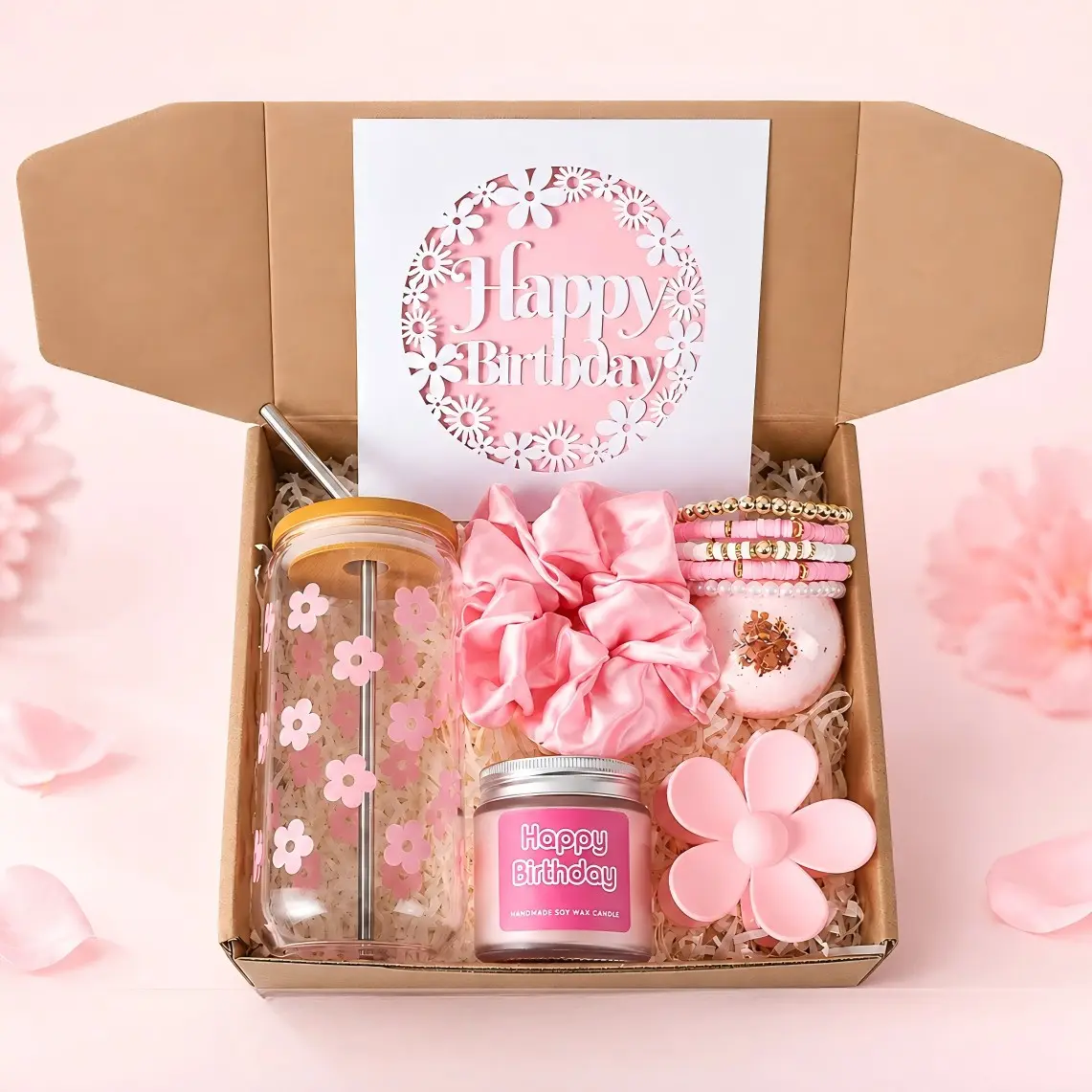 Halloween Christmas Gift Set for Her, Cute Girls Self Care Gift Basket with Fun Glass Cup, Scented Candle, Bracelet, Bath Bomb, Hair Clips, Scrunchies & Jewelry Tray, Bestie Birthday Gift