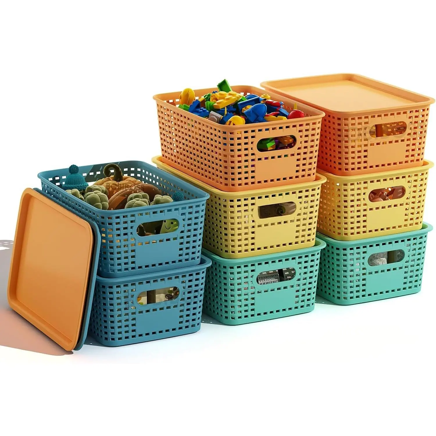 Colorful Plastic Storage Baskets with  8 Pack Stackable Storage Bins Containers for Shelves Organizing, Colored Cute Decorative Storage Boxes for Classroom, Playroom, Closet, Pantry