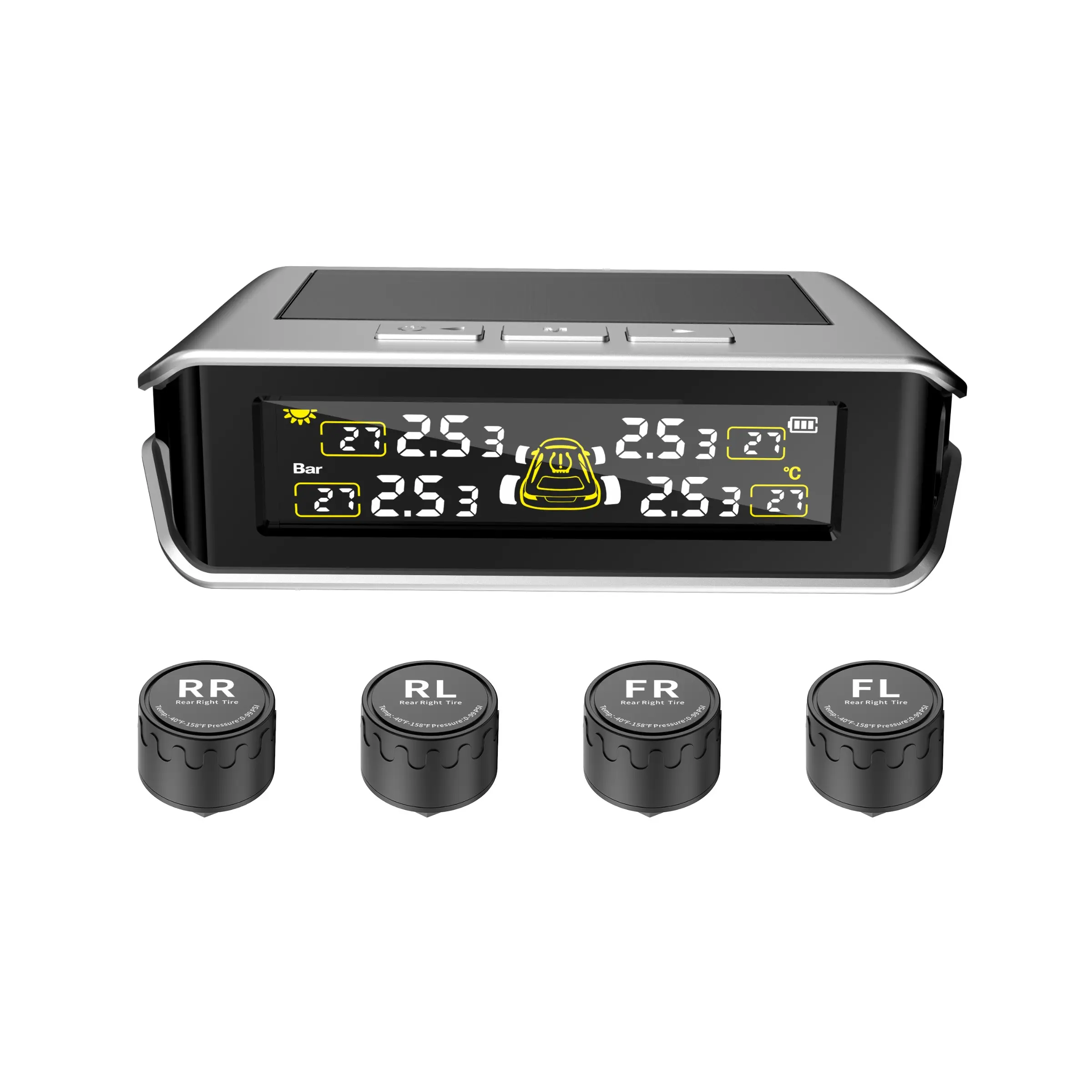 RV Tire Pressure Monitoring System (TPMS) - TPMS Sensors Set of 4 with 6 Alarm Modes | Solar/USB Charger | LCD Display | for RV/Truck/SUV/MPV/Sedan