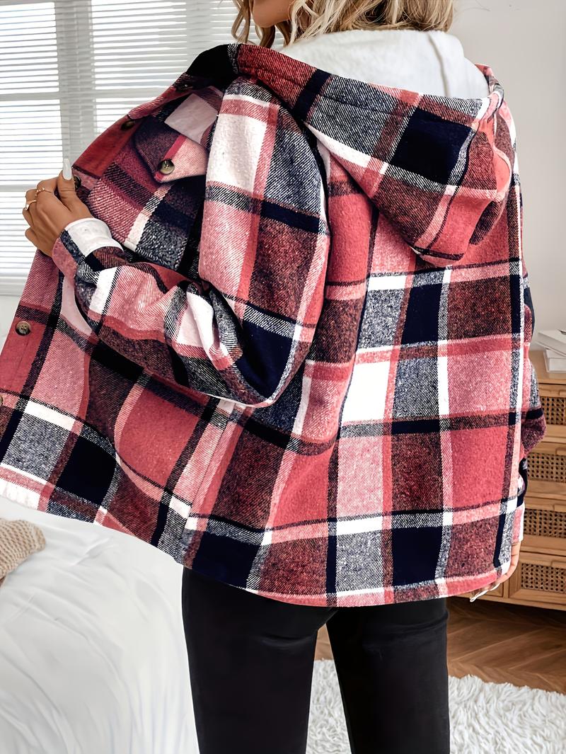Women's Casual Plaid Hooded Jacket with Fleece Lining 100% Polyester Woven Shirt Button Detail All-Season Warmth Lightweight Outerwear Coats Fitted Khaki Long Sleeve Tops