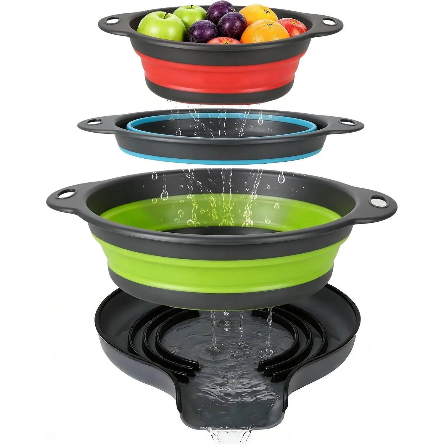 3-Pack Collapsible Colander for Kitchen with Self-Draining Base Foldable Strainers Set Round Silicone Food Drainer for Pasta Fruits and Vegetables (3QT, 4QT and 5QT)