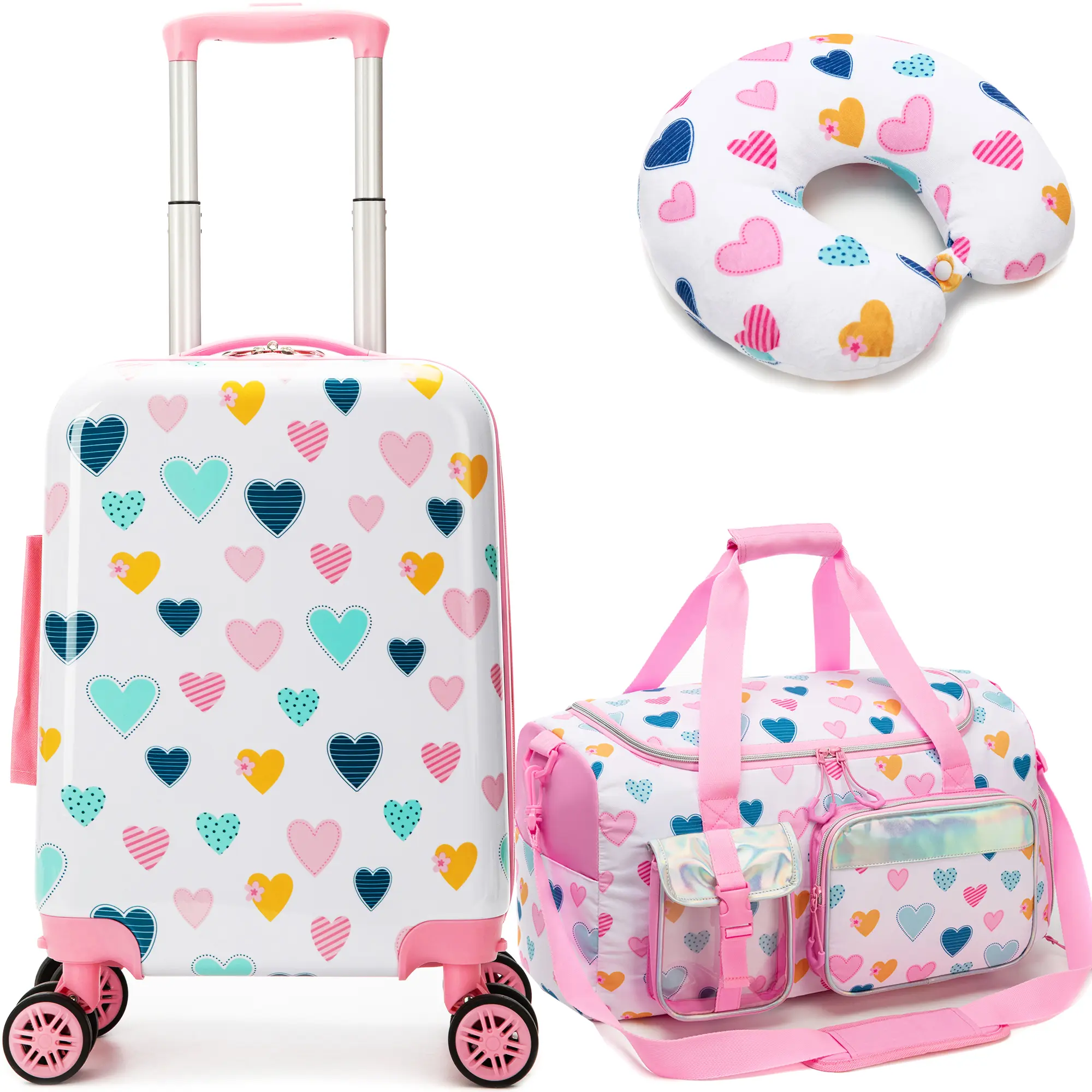 Girls Cute White Pink Hardshell Luggage 3 Pcs Set | Colorful Heart Print Rolling Suitcase with Matching Duffel & Travel Pillow | Toddler Kids Carry On 2026