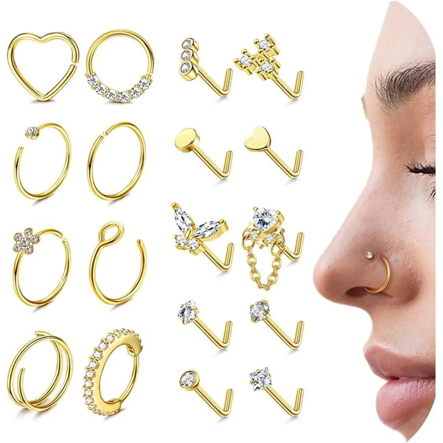 18g 20g Hypoallergenic Stainless Steel Nose Rings Hoop L Shape Nose Studs Cute Heart Square CZ Nose Bone Screw Nostril Piercing Jewelry for Women Men Silver 14K Gold plated