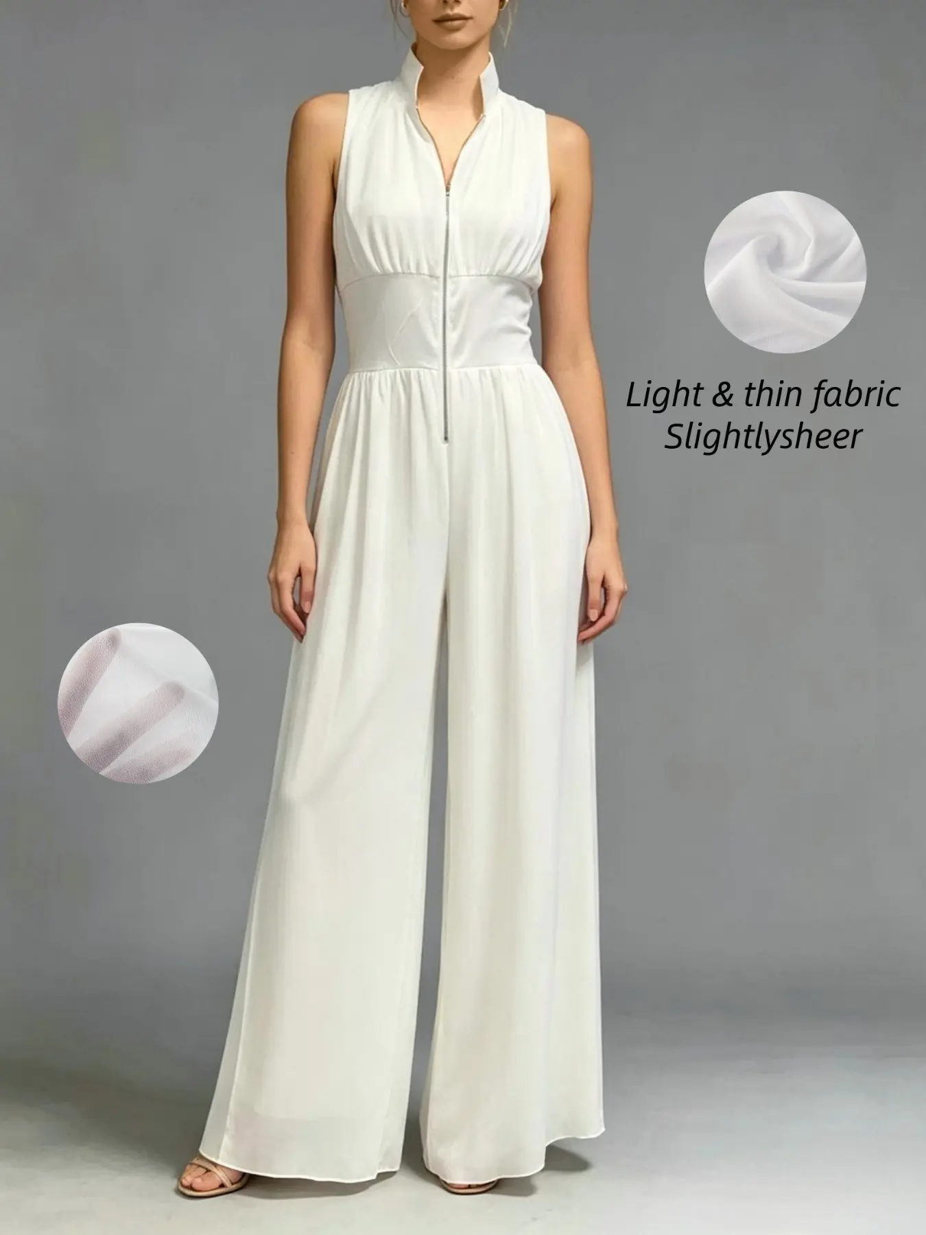 Elegant Stand Collar Deep V Pleated Romper, Waist Cinched Sleeveless Design Chic, Perfect for Office, Parties, Gatherings, Urban Style